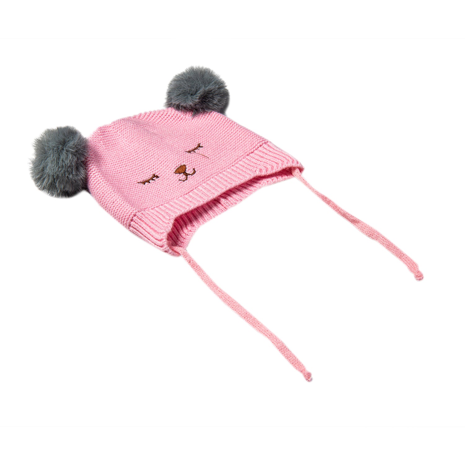 Knit Woollen Cap With Tie Knot For Ear Cover Sleeping Pom Pom Pink - Baby Moo