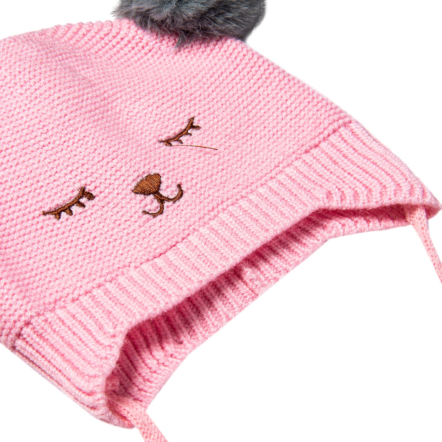 Knit Woollen Cap With Tie Knot For Ear Cover Sleeping Pom Pom Pink - Baby Moo