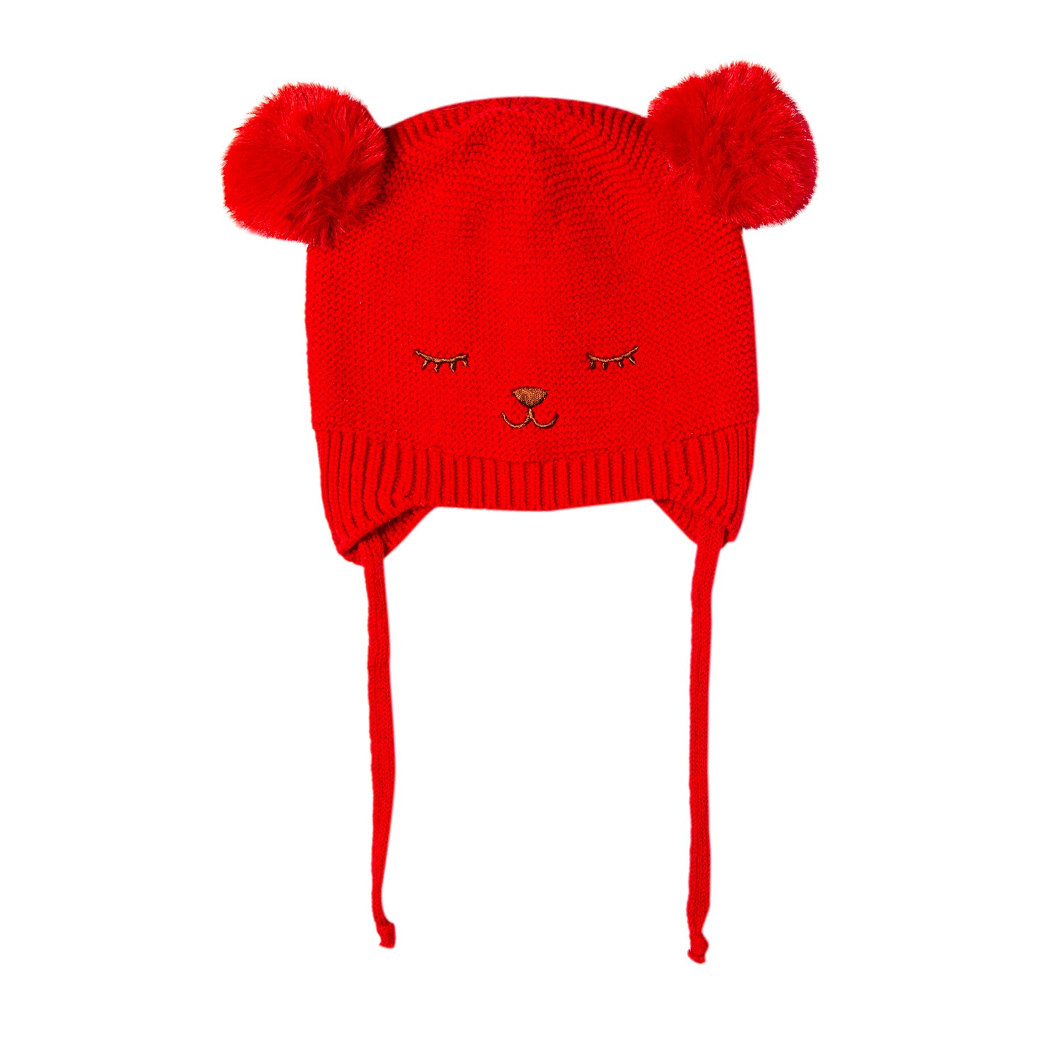 Knit Woollen Cap With Tie Knot For Ear Cover Sleeping Pom Pom Red