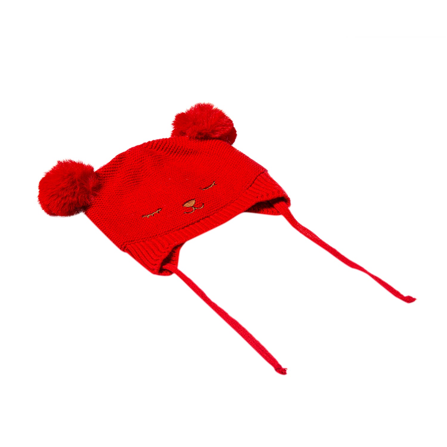 Knit Woollen Cap With Tie Knot For Ear Cover Sleeping Pom Pom Red - Baby Moo