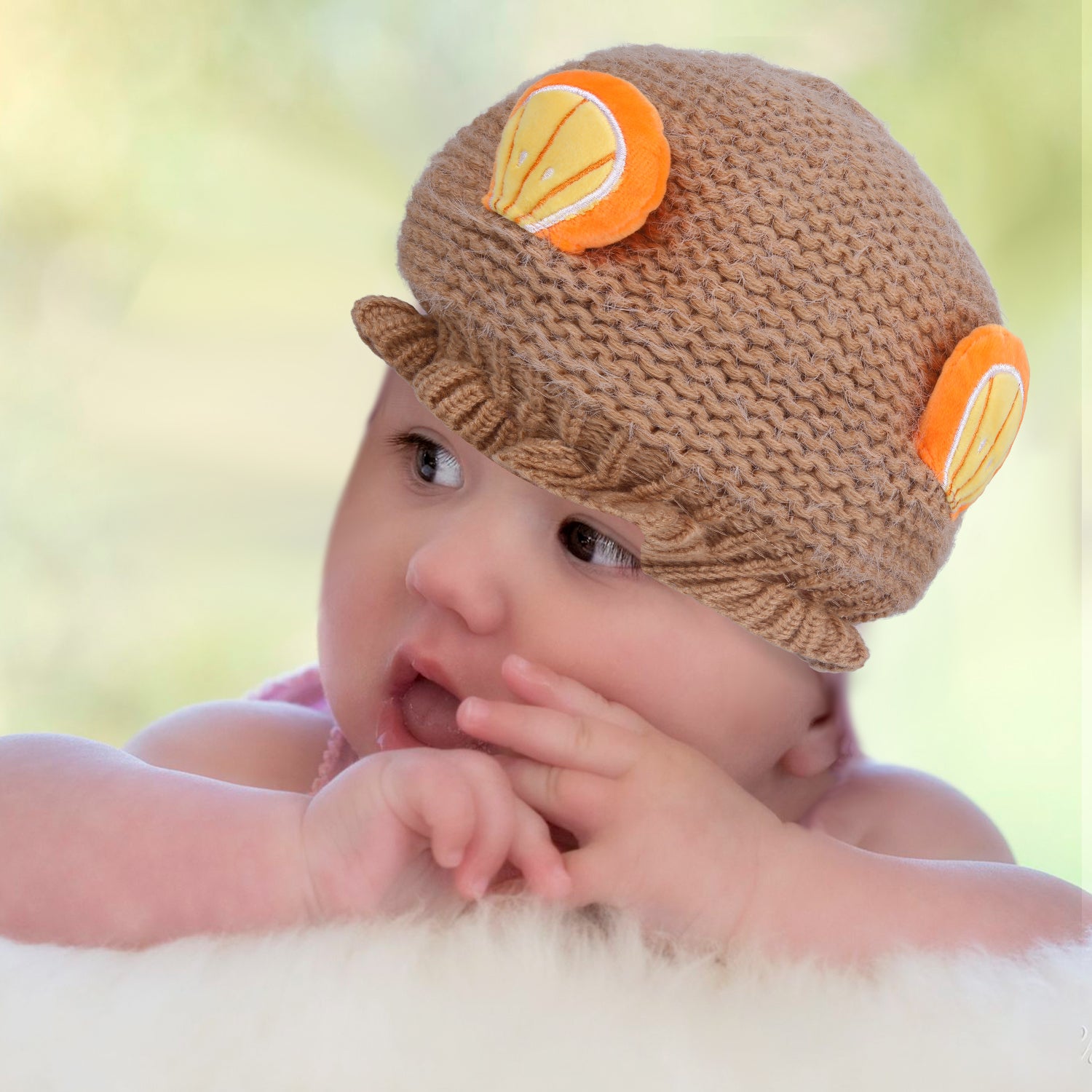 Baby Moo 3D Orange Ear With Tie Knot For Ear Cover Knitted Woolen Cap - Brown - Baby Moo