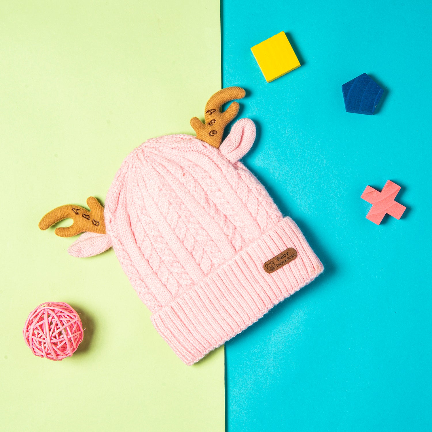 Knit Woollen Cap 3D Alphabet Antler Pink