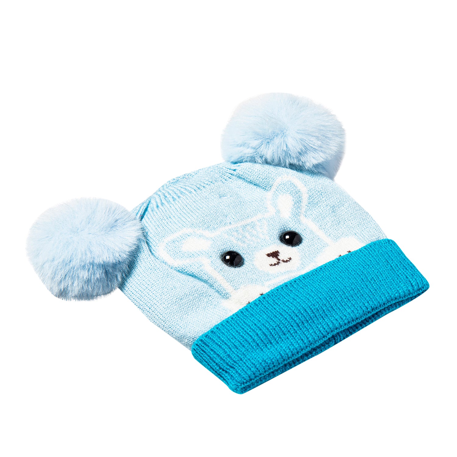 Knit Woollen Cap Pom Pom Bear Blue - Baby Moo