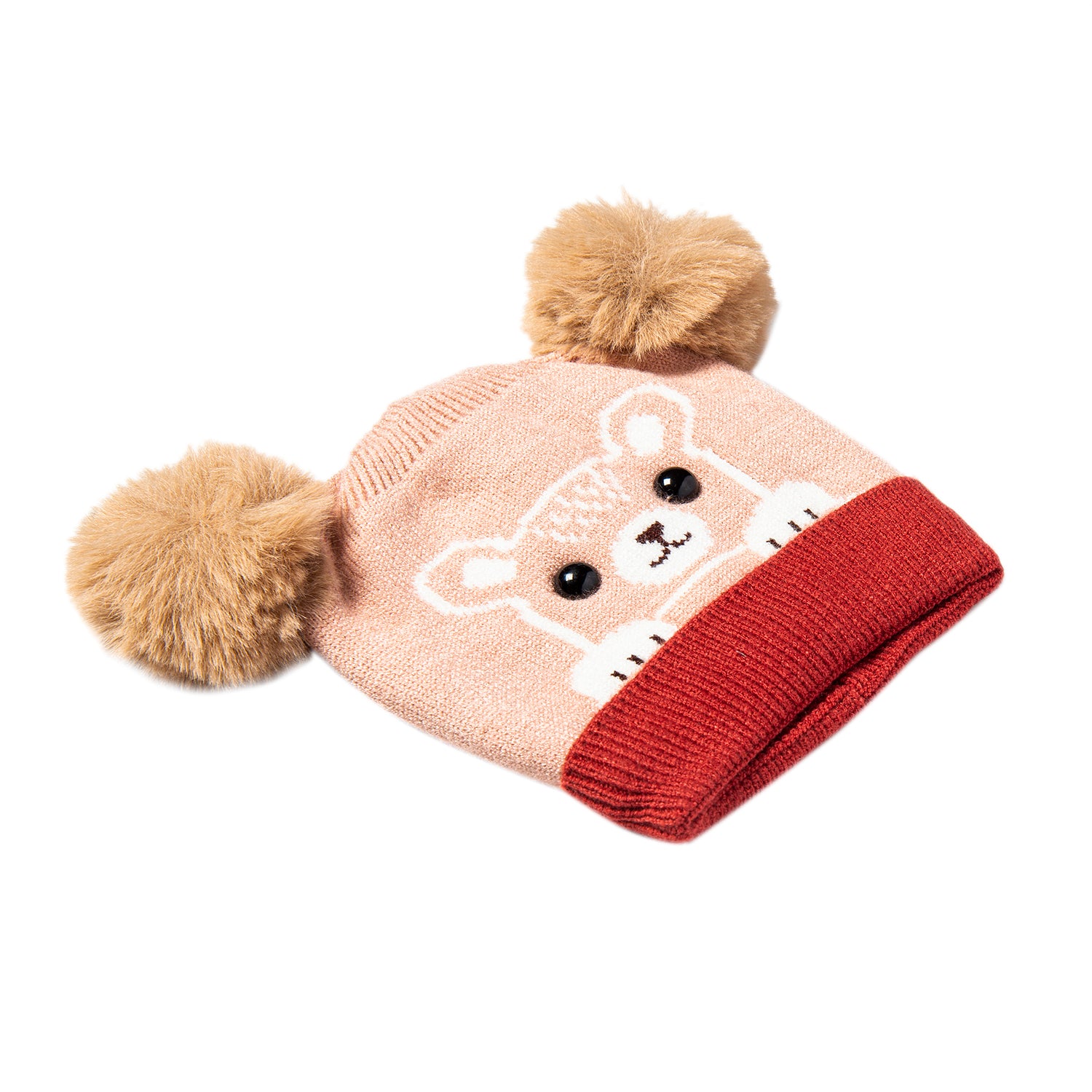 Knit Woollen Cap Pom Pom Bear Peach - Baby Moo