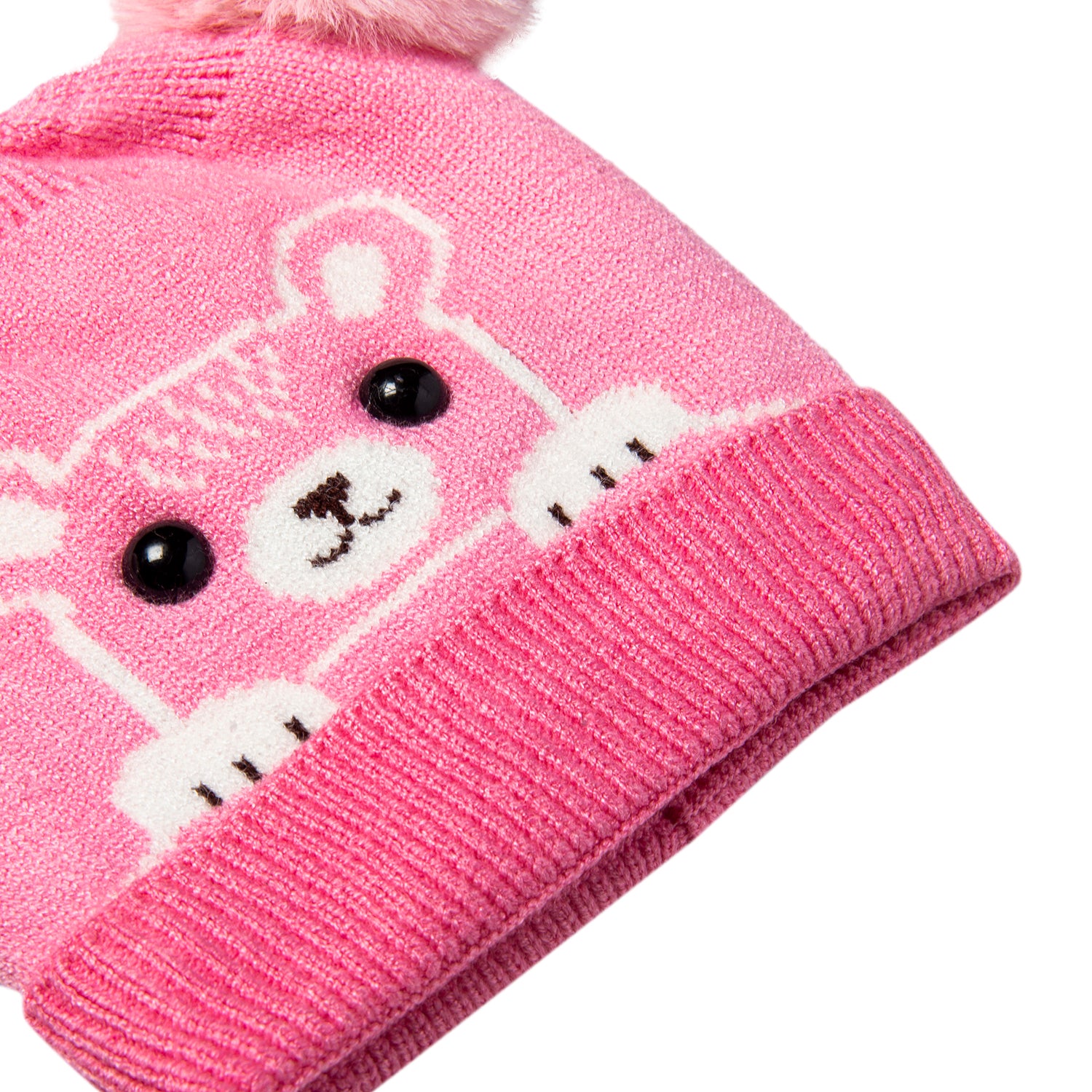Knit Woollen Cap Pom Pom Bear Pink - Baby Moo