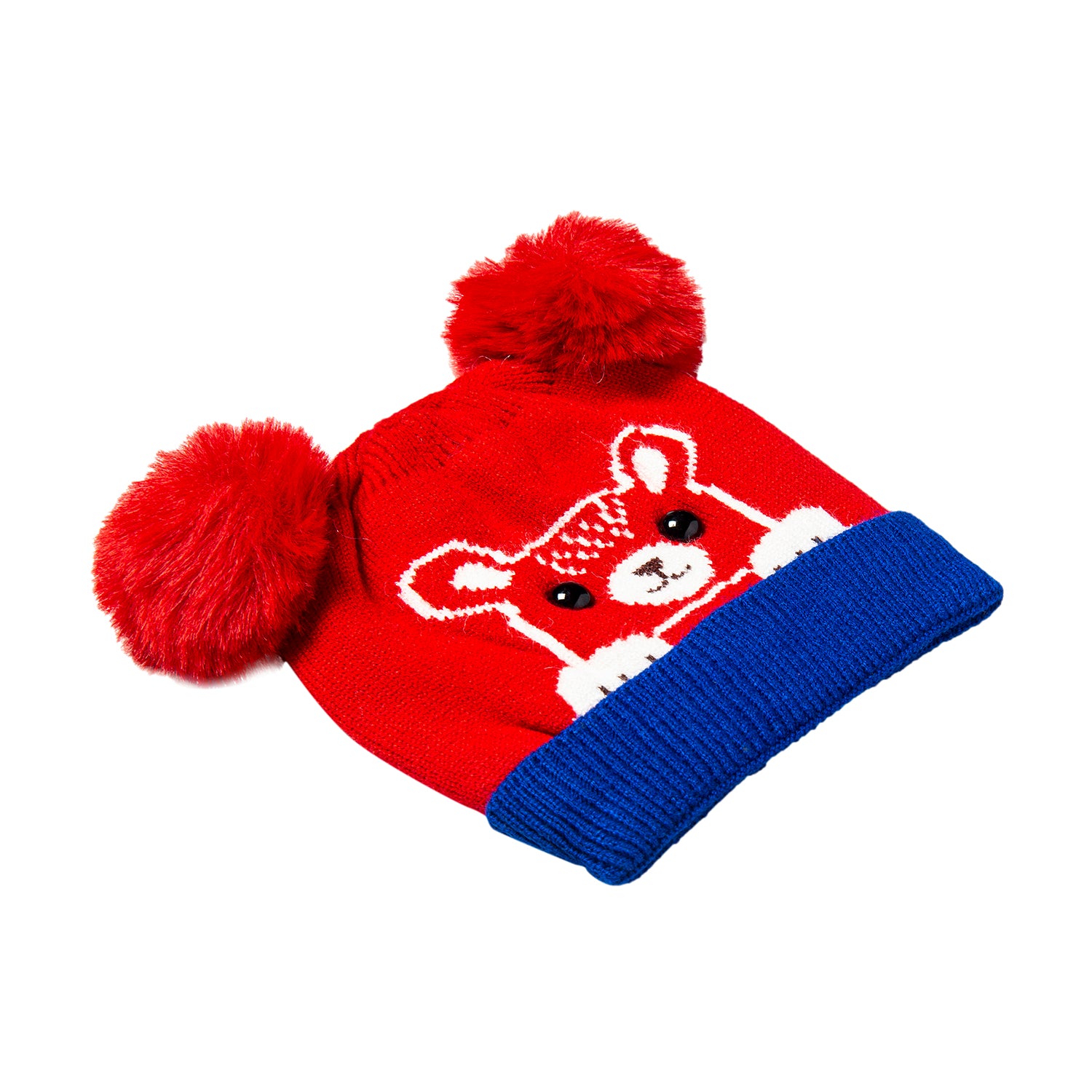 Knit Woollen Cap Pom Pom Bear Red And Blue - Baby Moo