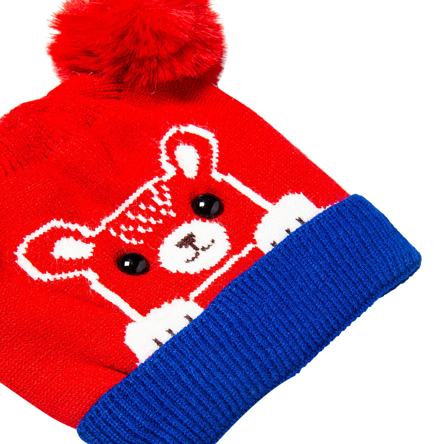 Knit Woollen Cap Pom Pom Bear Red And Blue - Baby Moo