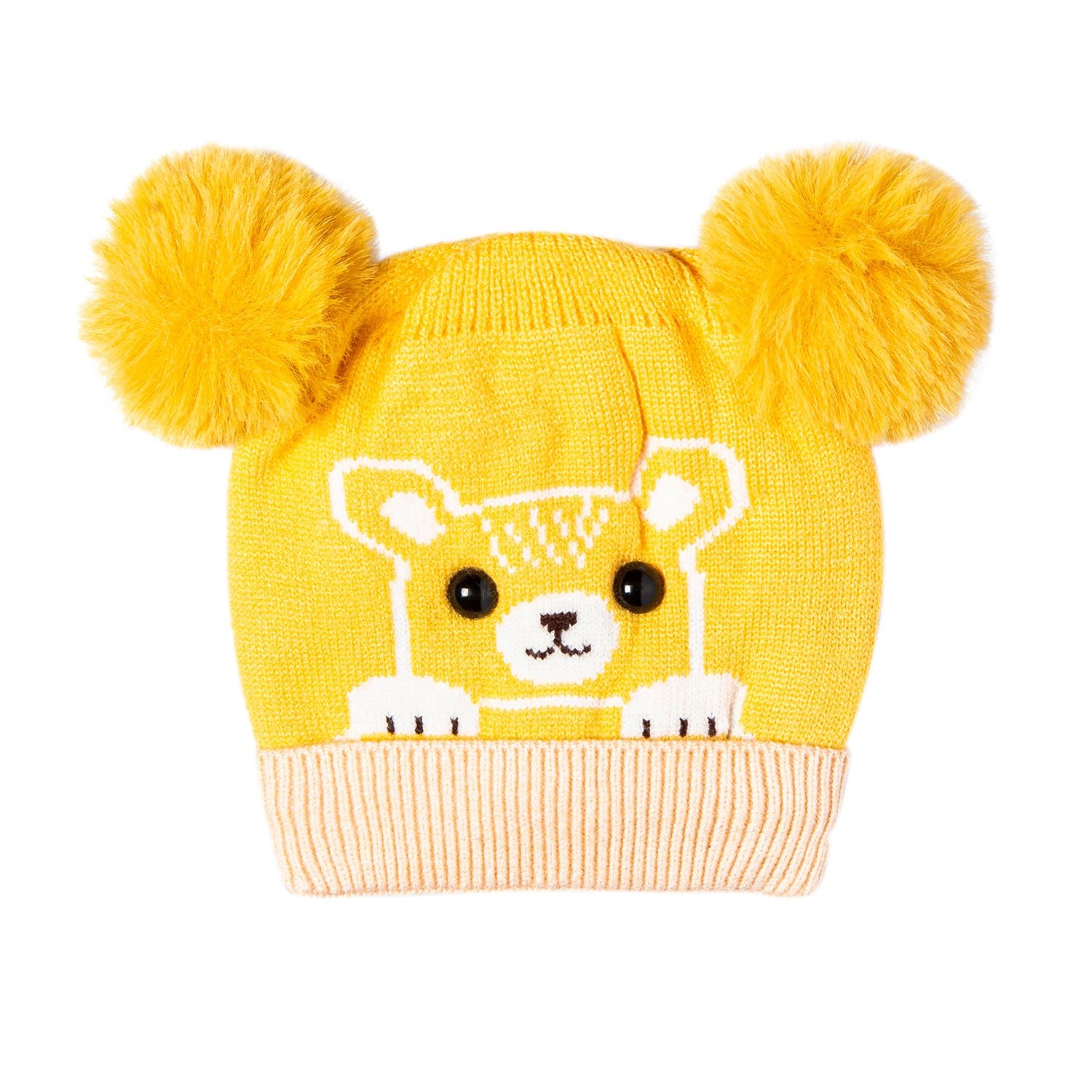 Knit Woollen Cap Pom Pom Bear Yellow - Baby Moo