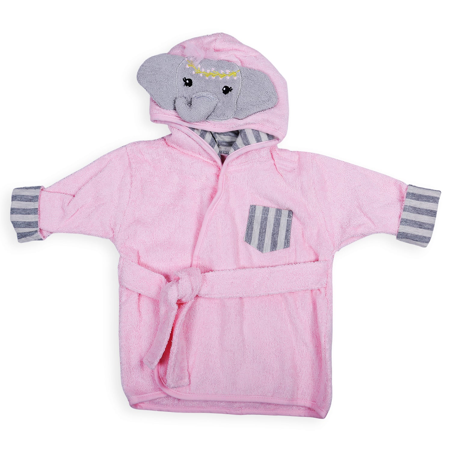 Elephant Face Cotton Hooded Full Sleeves Bathrobe - Pink - Baby Moo