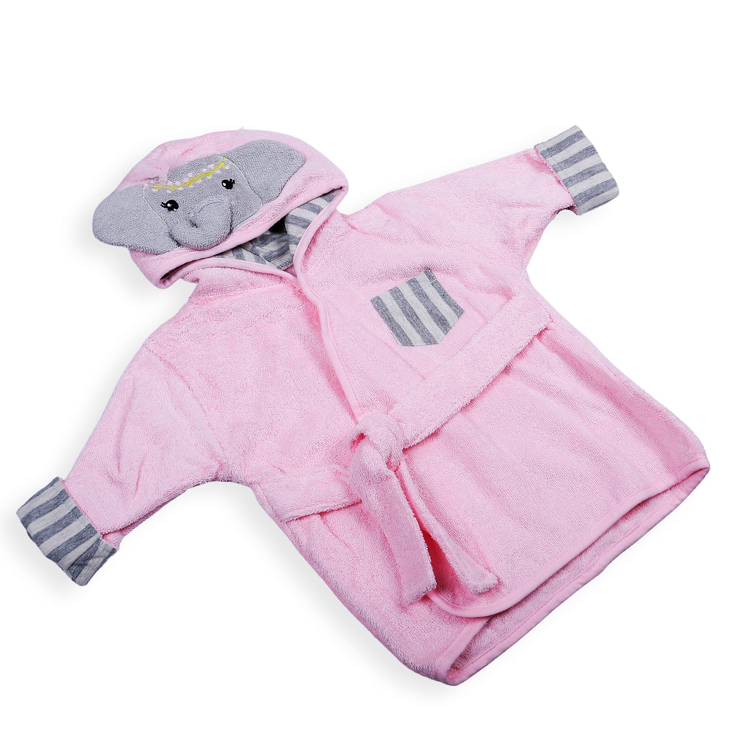 Elephant Face Cotton Hooded Full Sleeves Bathrobe - Pink - Baby Moo