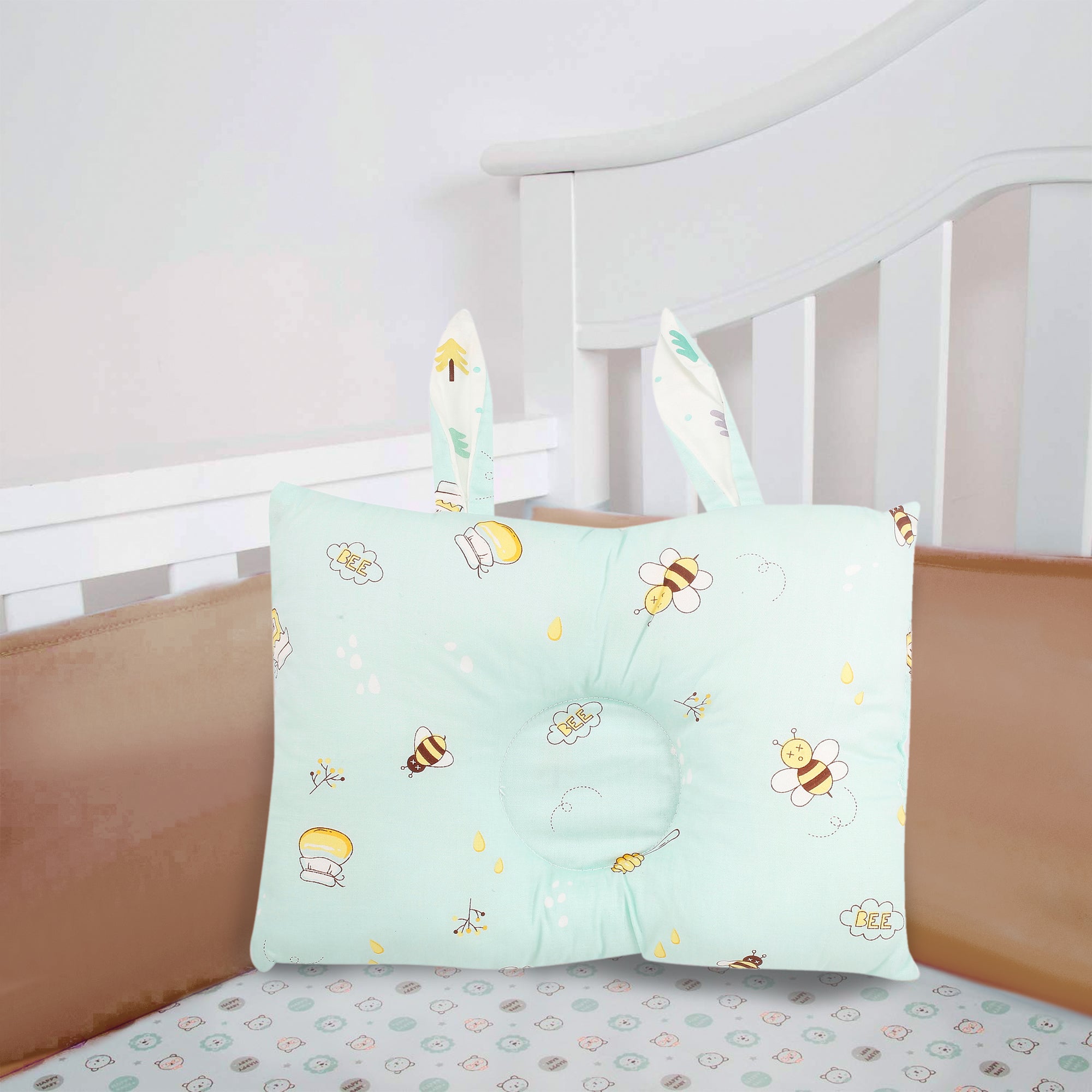 Buzzing Bees Blue Double Sided Pillow - Baby Moo