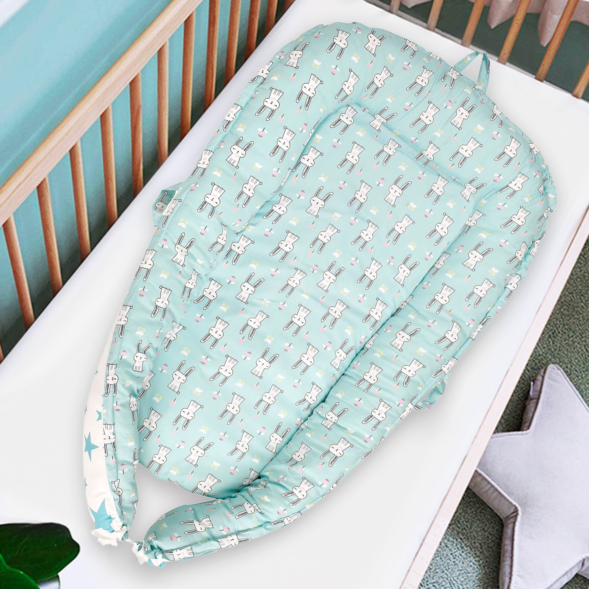 Baby Bed Cum Carry Nest Star And Rabbit Blue