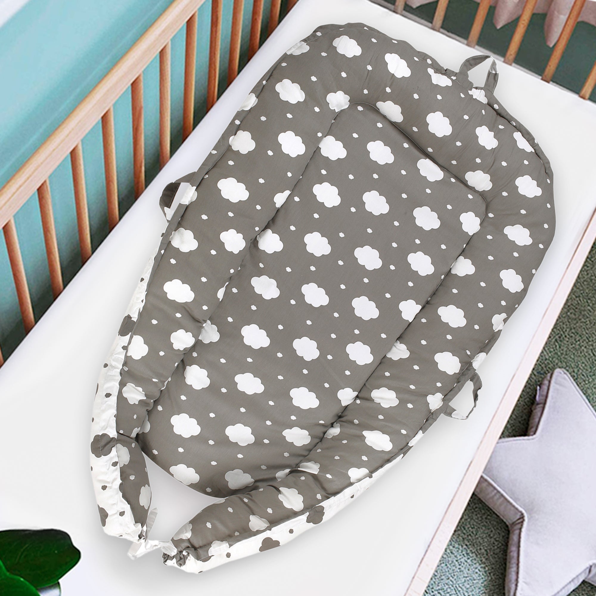 Baby Bed Cum Carry Nest Sleeping On A Cloud Grey - Baby Moo