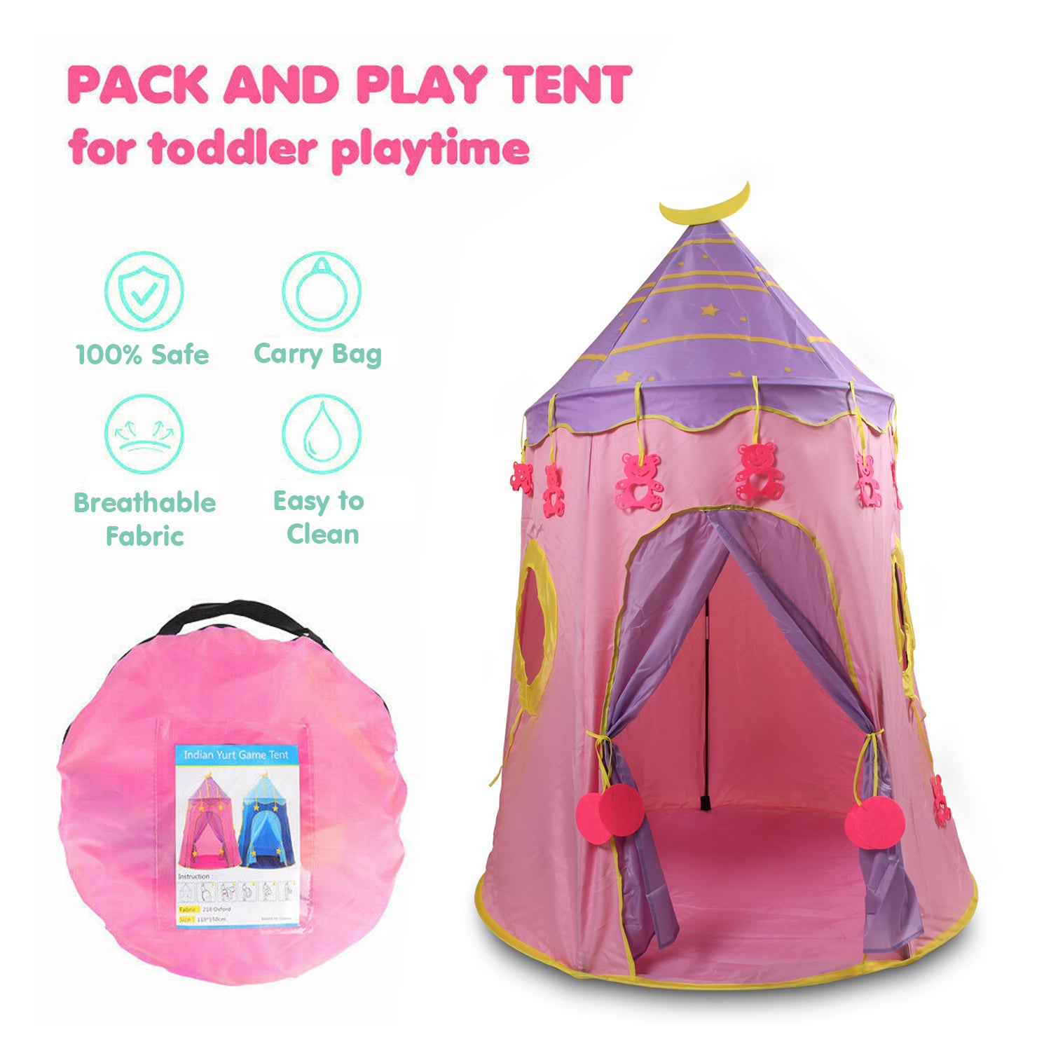Playtime Foldable Tent House Star Teddy - Pink - Baby Moo