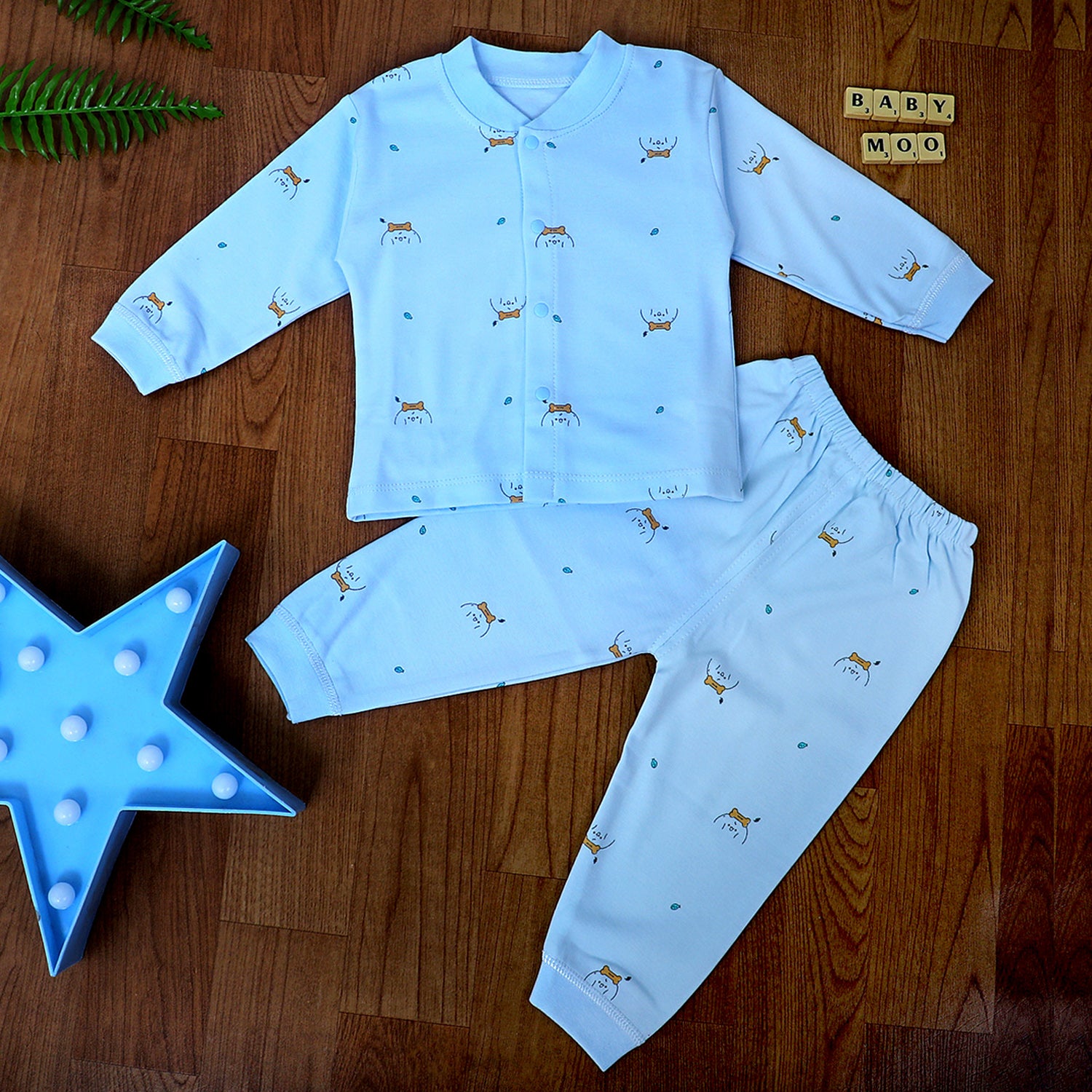 Puppy Face Full Sleeves 2 Piece Buttoned Pyjama Set Night Suit - Blue - Baby Moo