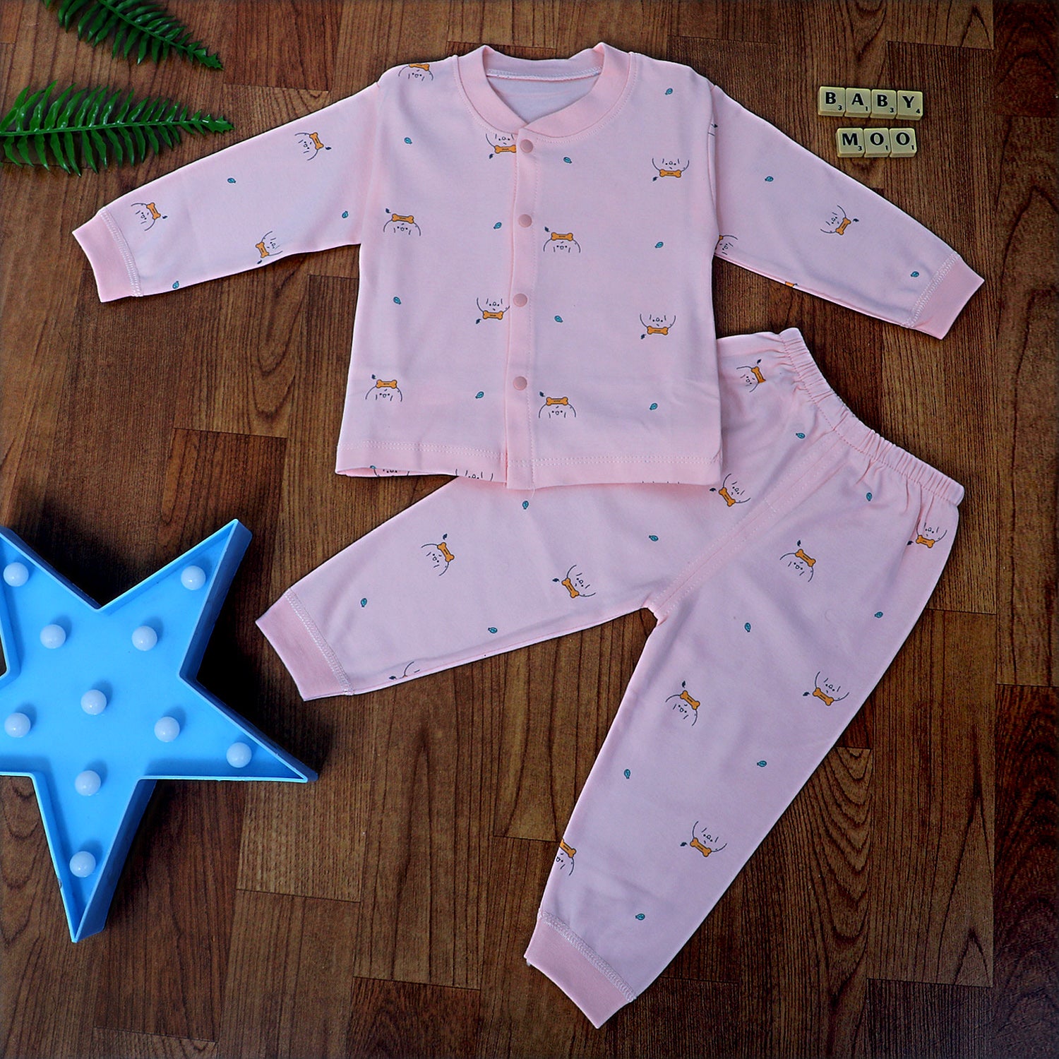 Puppy Face Full Sleeves 2 Piece Buttoned Pyjama Set Night Suit - Pink - Baby Moo