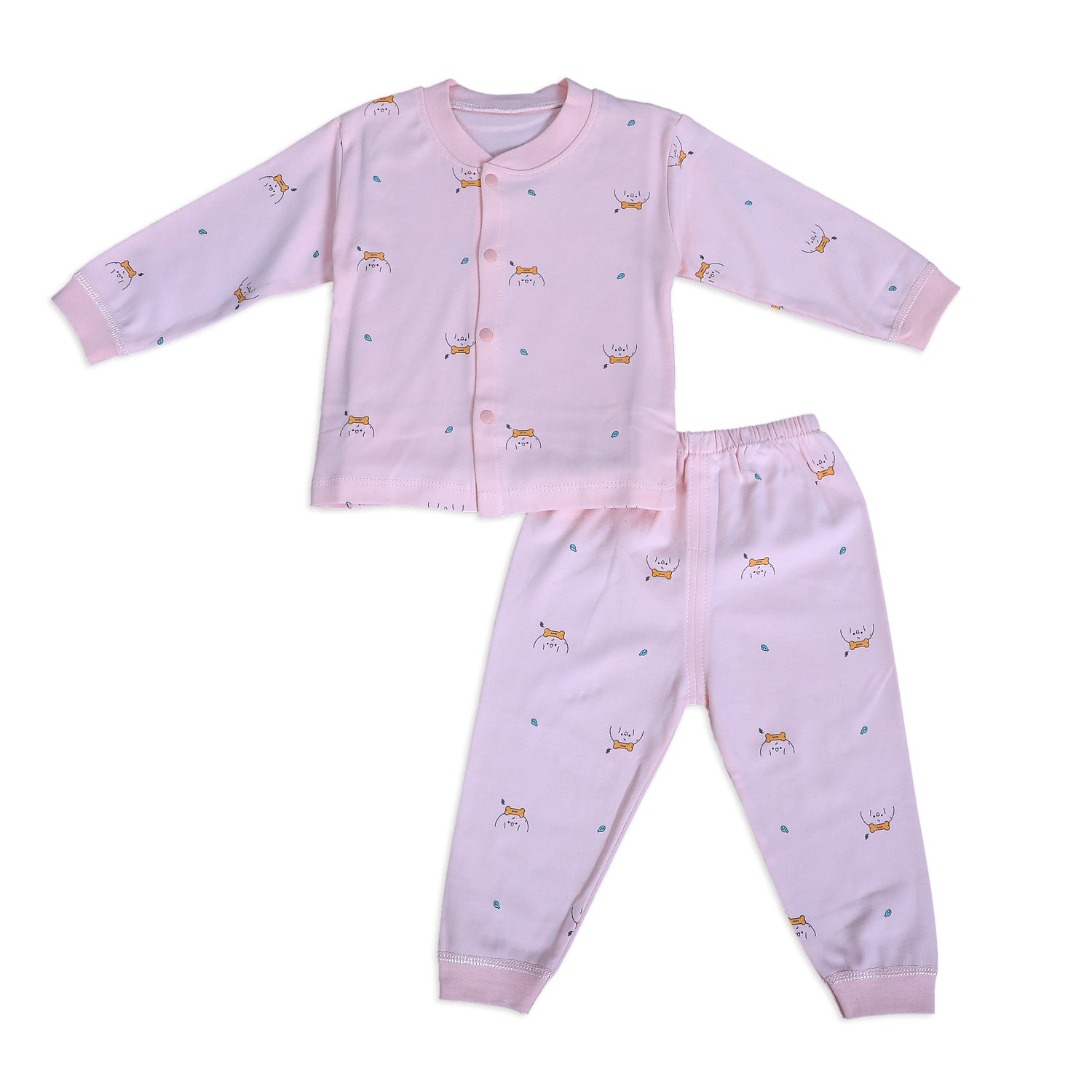 Puppy Face Full Sleeves 2 Piece Buttoned Pyjama Set Night Suit - Pink - Baby Moo