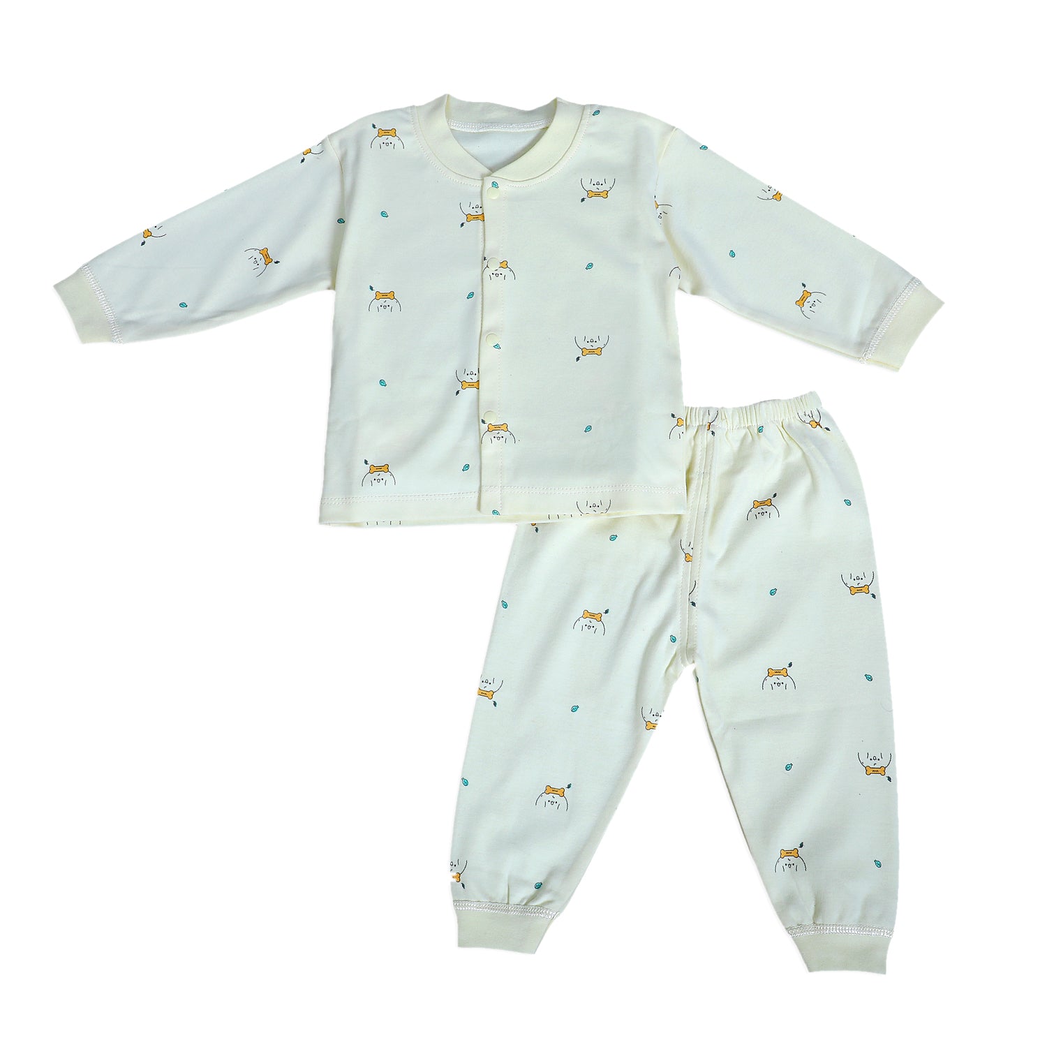 Puppy Face Full Sleeves 2 Piece Buttoned Pyjama Set Night Suit - Yellow - Baby Moo
