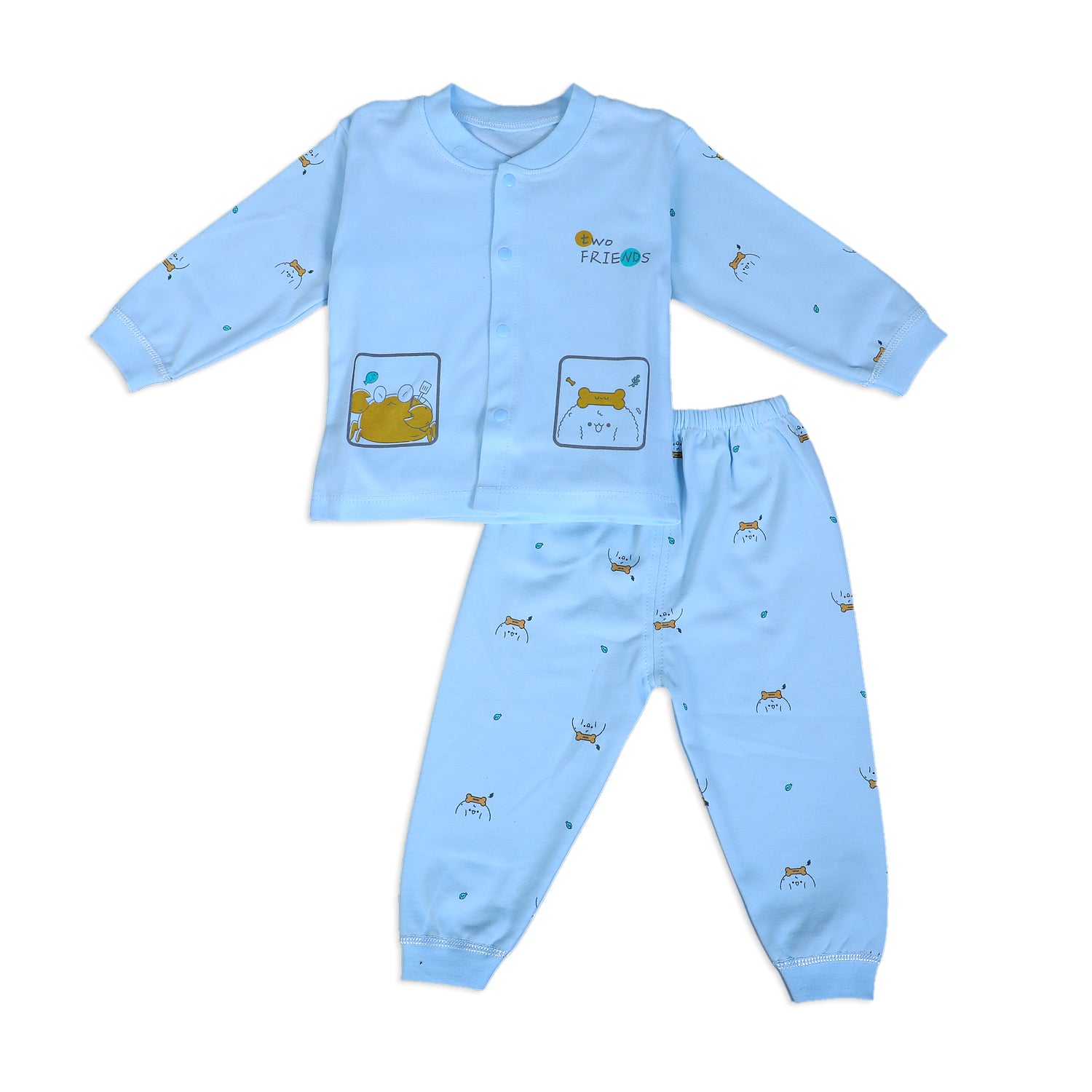Two Friends Full Sleeves 2 Piece Buttoned Pyjama Set Night Suit - Blue - Baby Moo