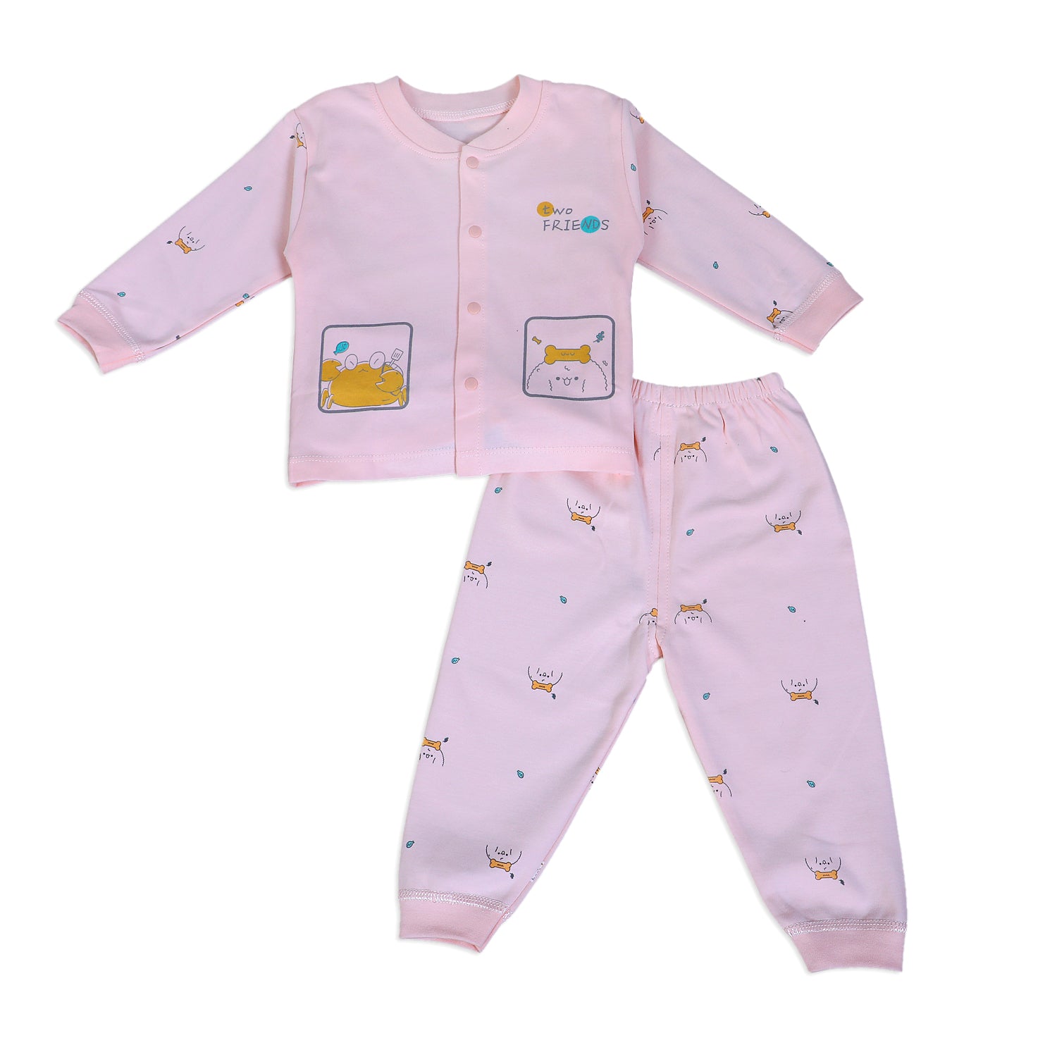 Two Friends Full Sleeves 2 Piece Buttoned Pyjama Set Night Suit - Pink - Baby Moo