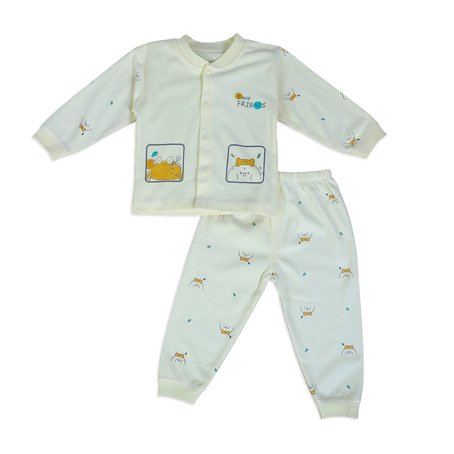Two Friends Full Sleeves 2 Piece Buttoned Pyjama Set Night Suit - Yellow - Baby Moo