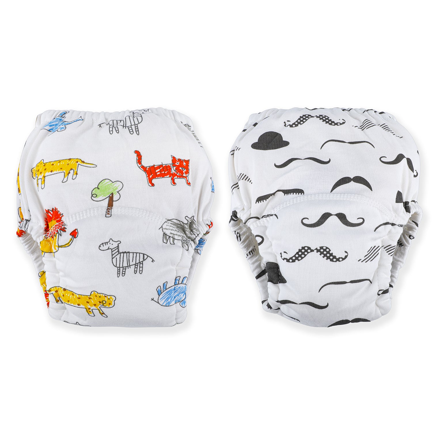 Moustache And Animals Reusable Cloth Training Pants Clothing Accessory Diaper Panty 2 Pcs - Multicolour - Baby Moo