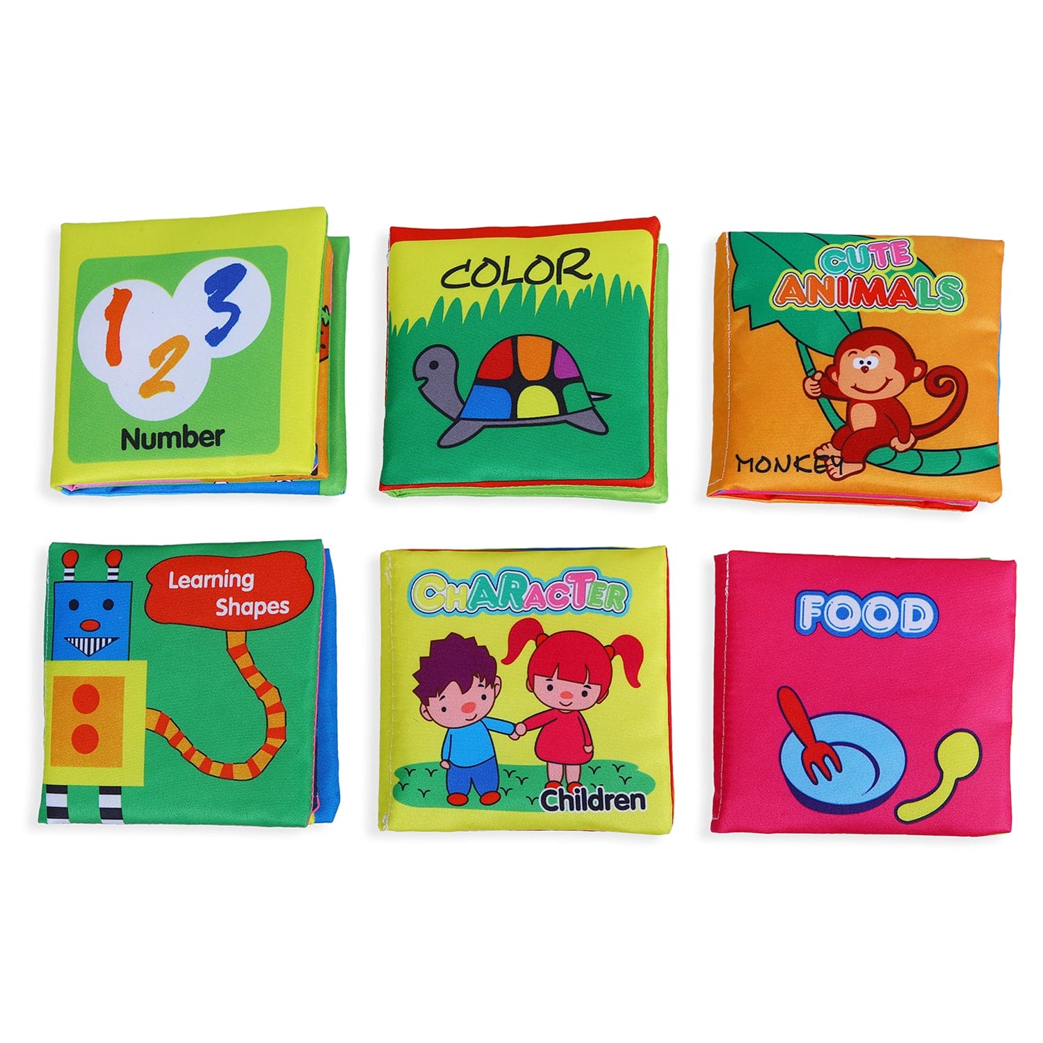 Numbers Animals Shapes Colours Food Characters Educational Cloth Book with Sound Paper Set of 6 - Multicolour - Baby Moo