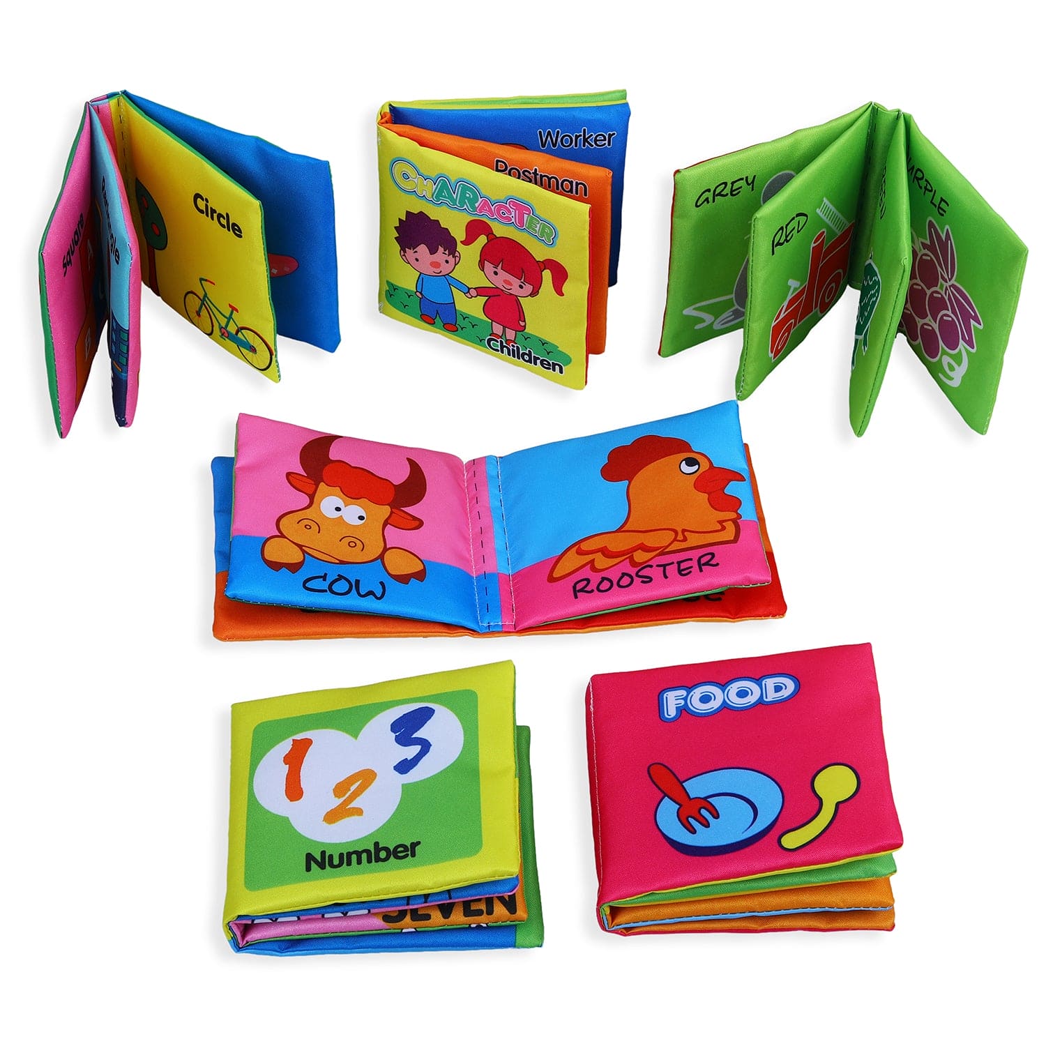 Numbers Animals Shapes Colours Food Characters Educational Cloth Book with Sound Paper Set of 6 - Multicolour - Baby Moo