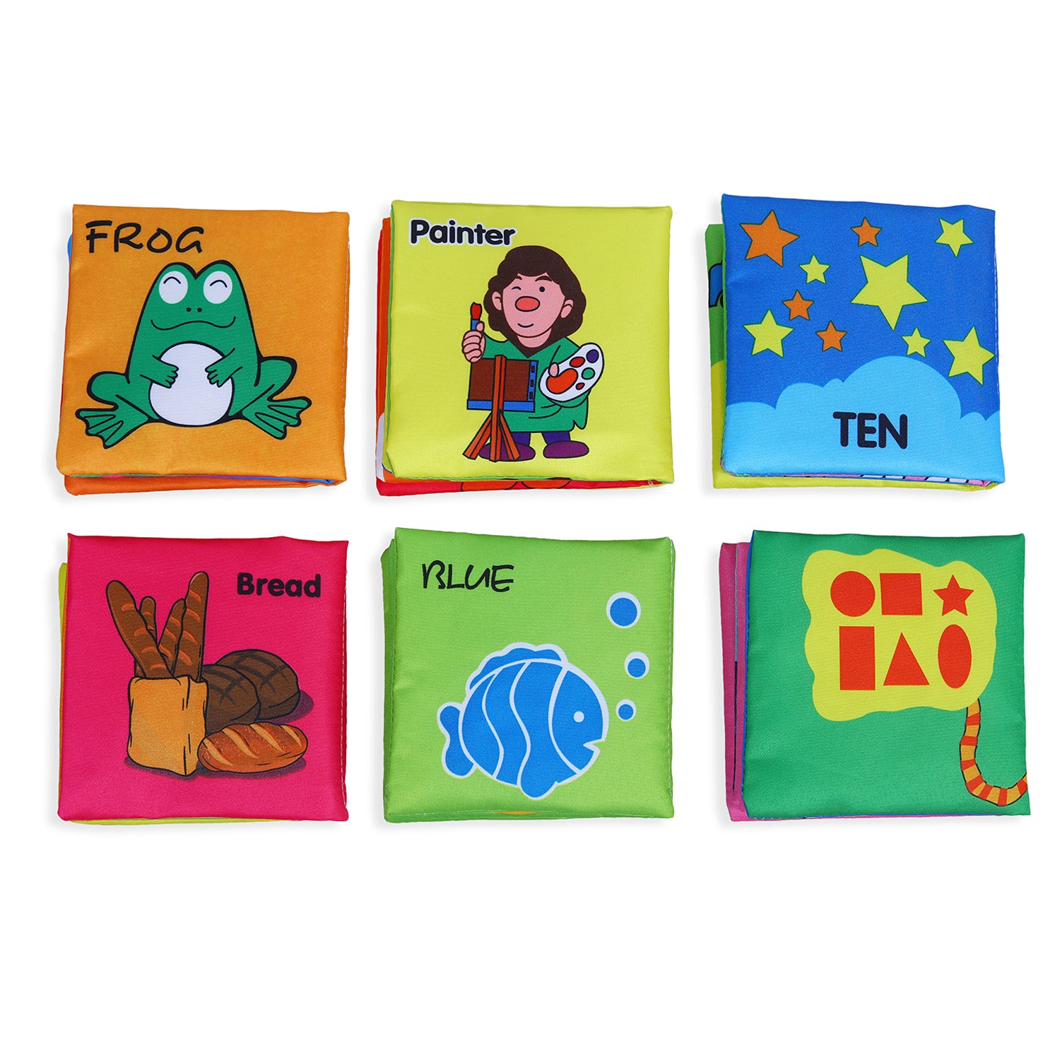 Numbers Animals Shapes Colours Food Characters Educational Cloth Book with Sound Paper Set of 6 - Multicolour - Baby Moo