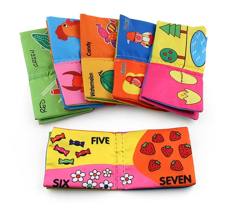 Numbers Animals Shapes Colours Food Characters Educational Cloth Book with Sound Paper Set of 6 - Multicolour - Baby Moo