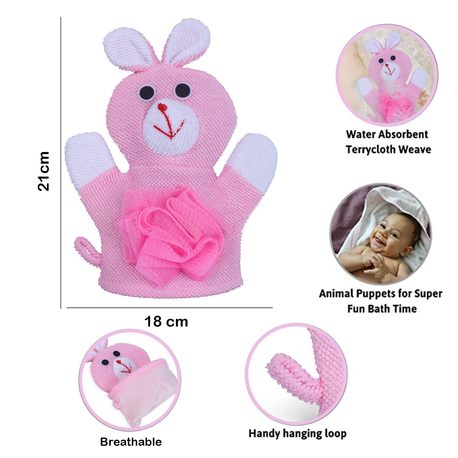 Baby Moo Naughty Rabbit Bath Time Fun Hand Puppet Loofah Bath Glove - Pink - Baby Moo