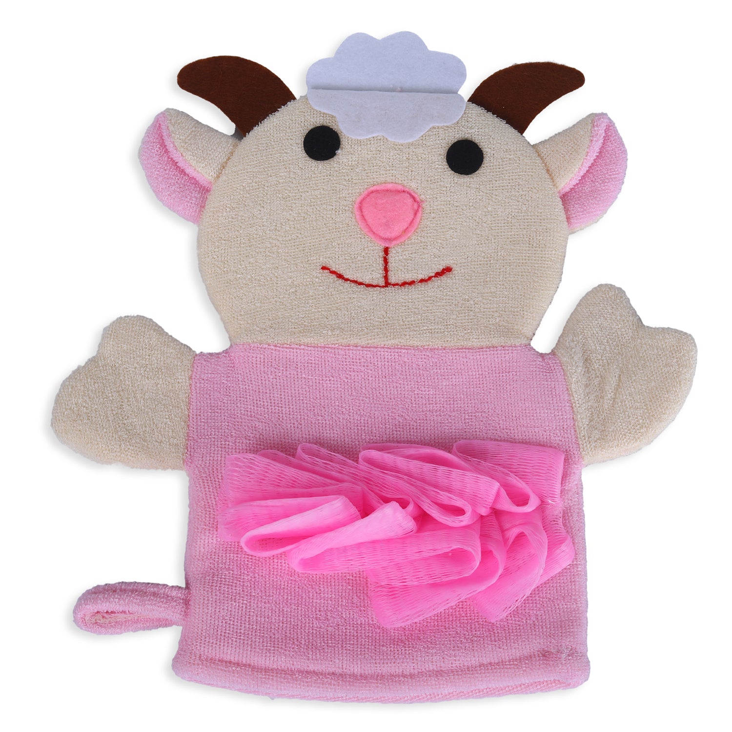 Baby Moo Sweet Cow Bath Time Fun Hand Puppet Loofah Bath Glove - Cream