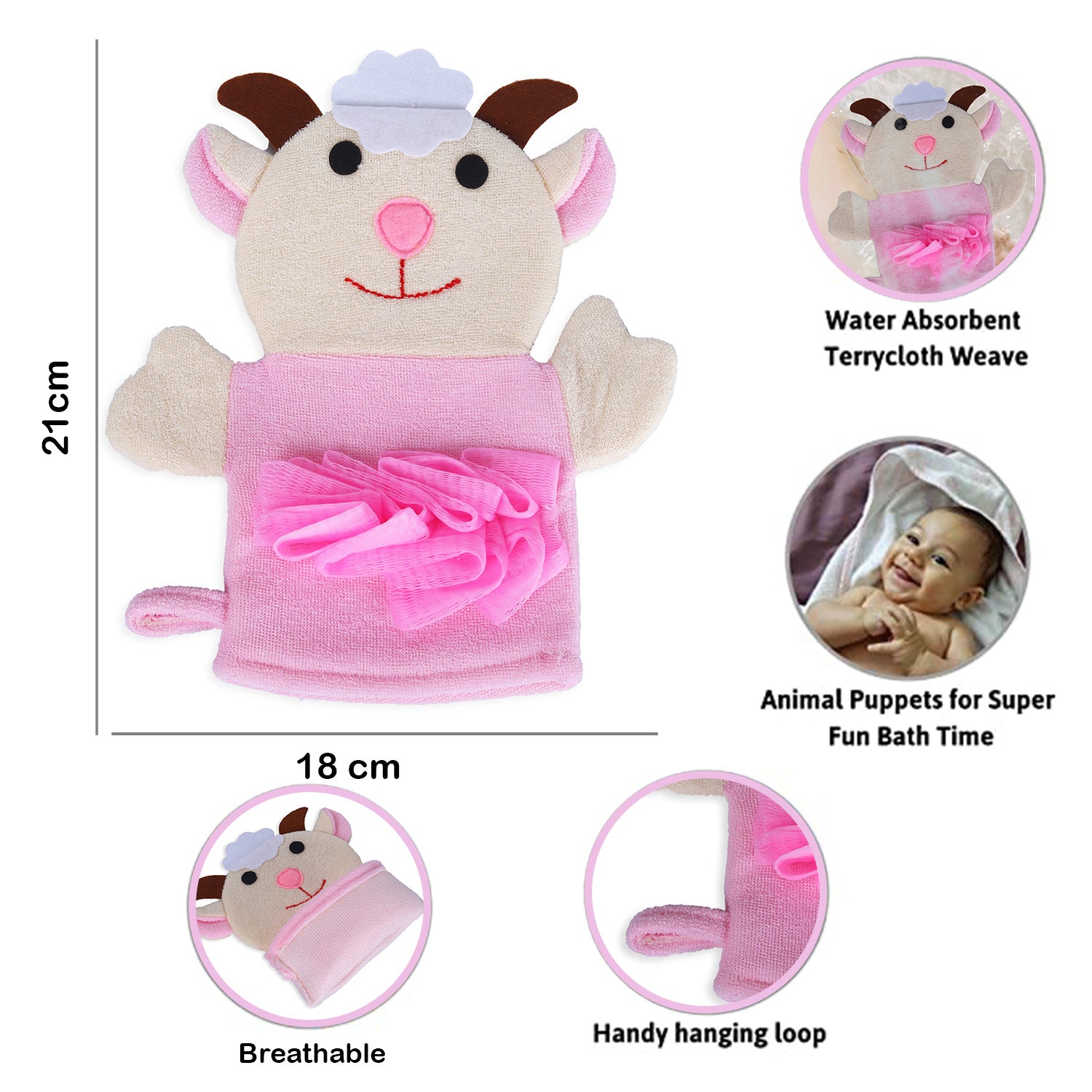 Baby Moo Sweet Cow Bath Time Fun Hand Puppet Loofah Bath Glove - Cream - Baby Moo