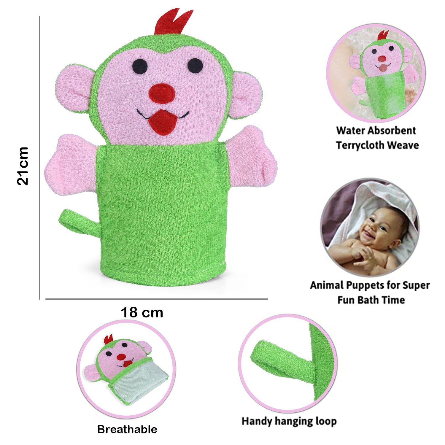 Baby Moo Funky Monkey Bath Time Fun Hand Puppet Loofah Bath Glove - Green - Baby Moo
