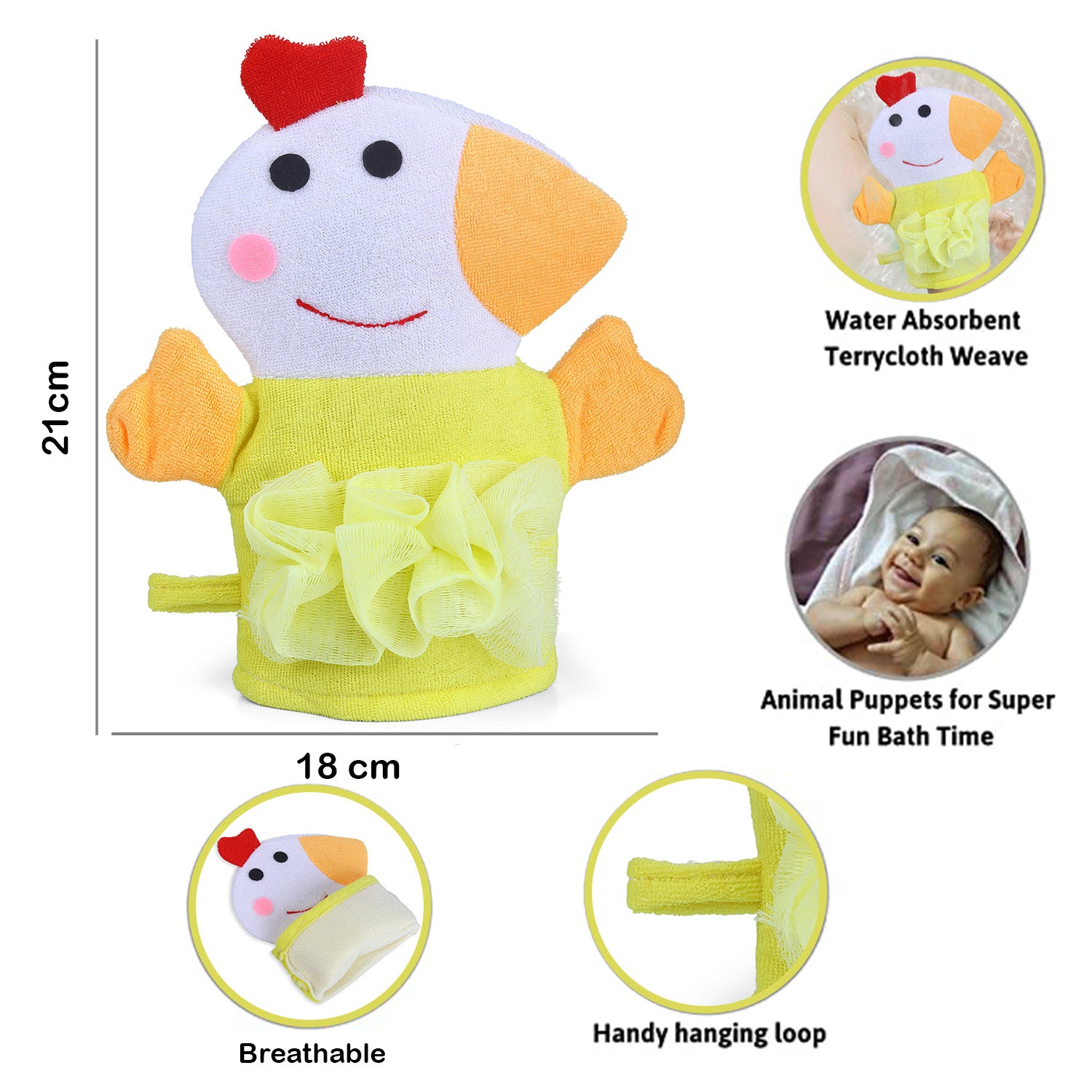 Baby Moo Sweet Hen Bath Time Fun Hand Puppet Loofah Bath Glove - Yellow - Baby Moo