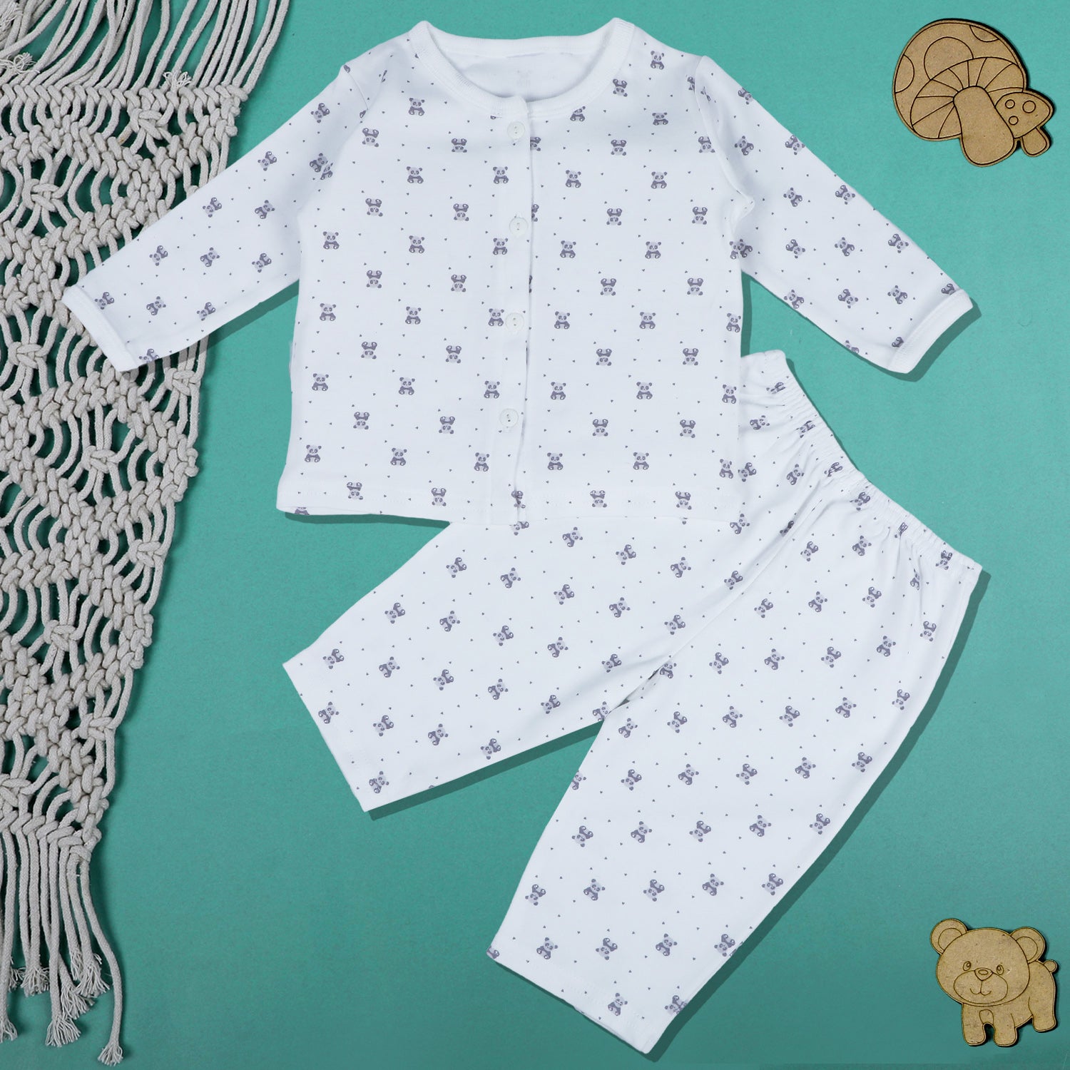 Baby Moo Panda Print Soft Cotton Full Sleeves Top And Pyjama 2pcs Night Suit - White - Baby Moo
