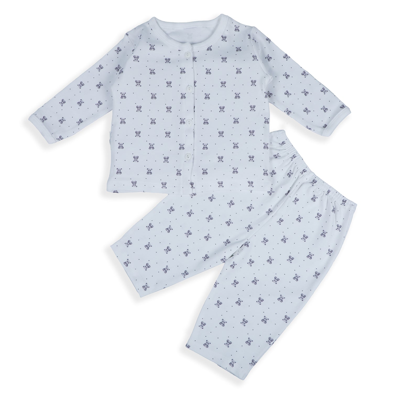 Baby Moo Panda Print Soft Cotton Full Sleeves Top And Pyjama 2pcs Night Suit - White - Baby Moo