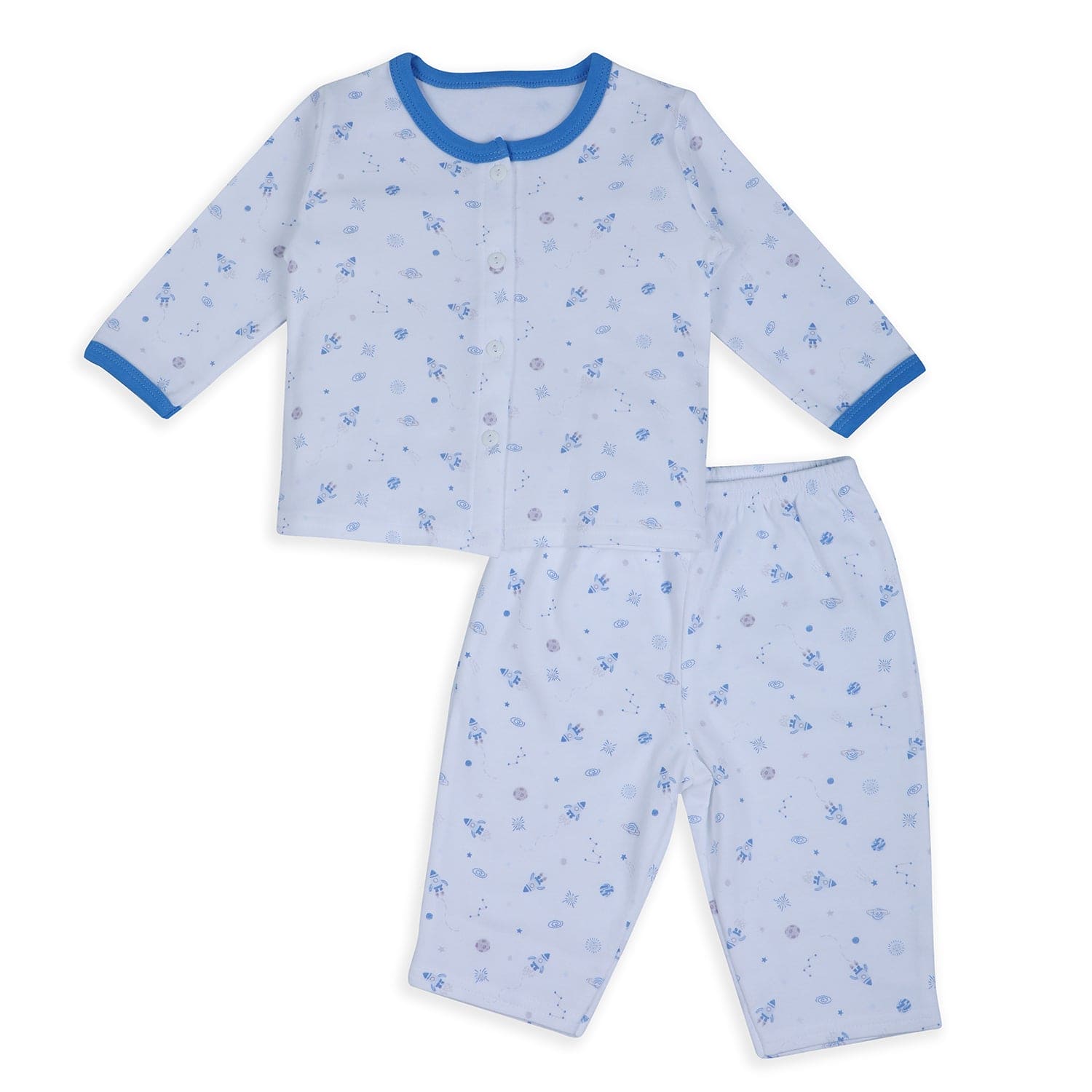 Baby Moo Space Mission Soft Cotton Full Sleeves Top And Pyjama 2pcs Night Suit - Blue - Baby Moo