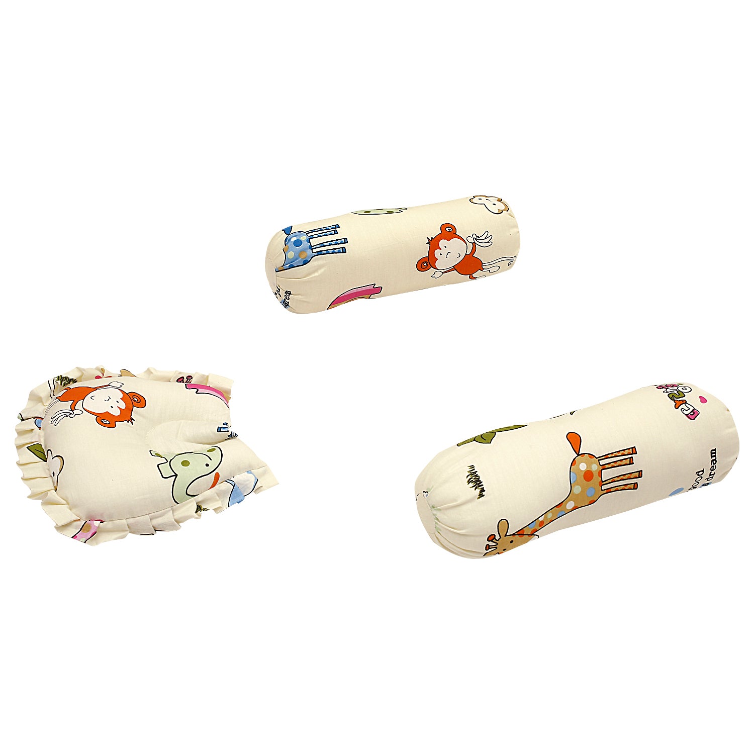 Mattress Set With Neck Pillow and Bolsters I Love Animals Cream - Baby Moo