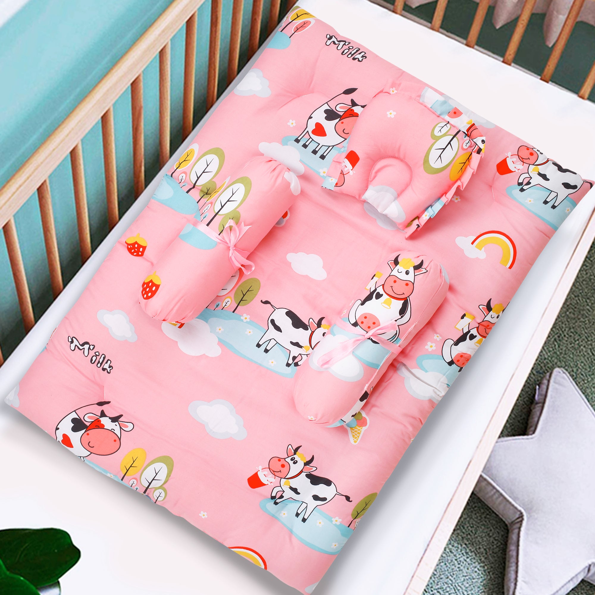 Mattress Set With Neck Pillow and Bolsters Milkaholic Peach