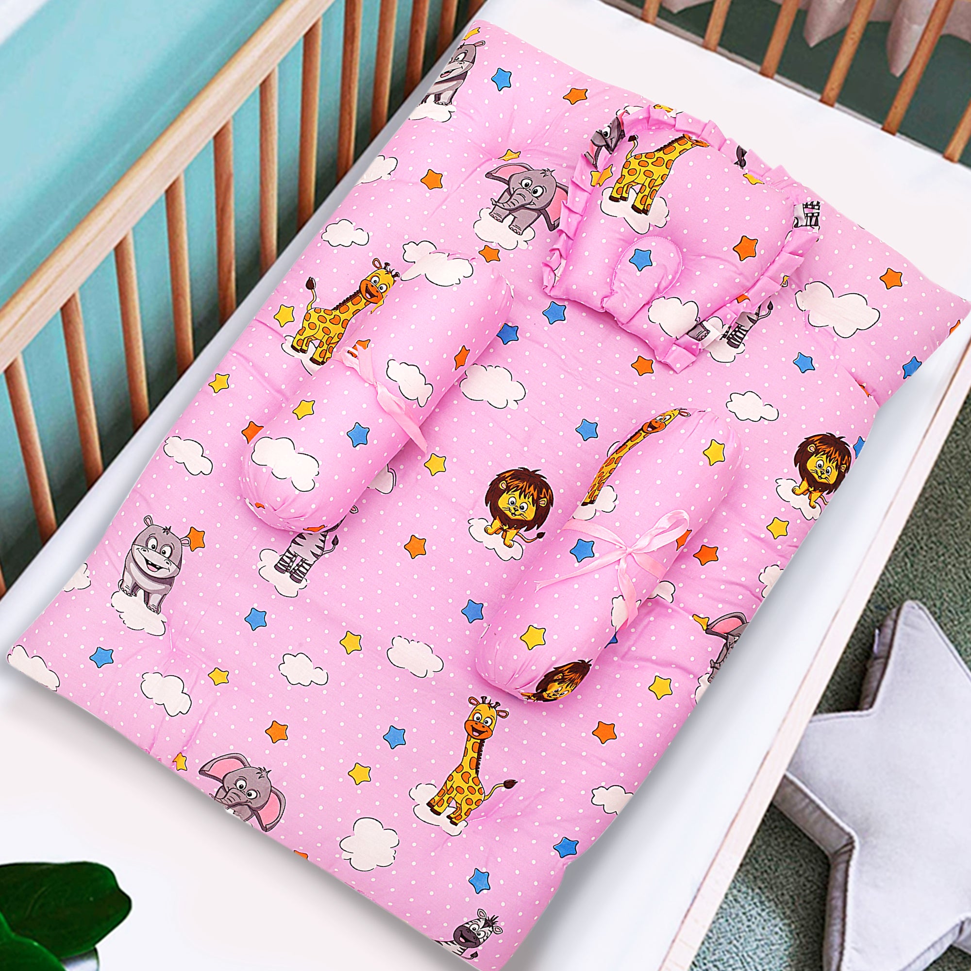 Mattress Set With Neck Pillow and Bolsters Flying Animals Pink - Baby Moo