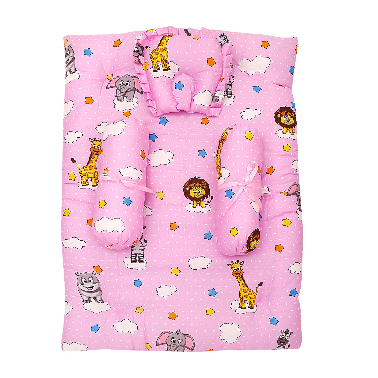 Mattress Set With Neck Pillow and Bolsters Flying Animals Pink - Baby Moo