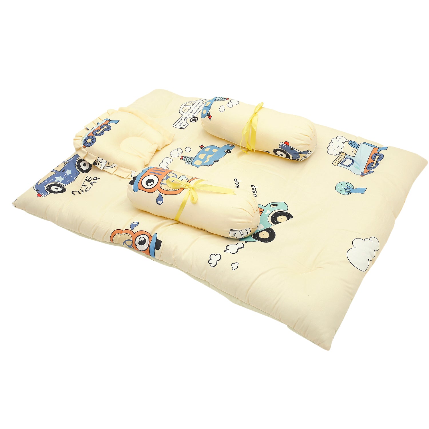 Mattress Set With Neck Pillow and Bolsters Vintage Ride Yellow - Baby Moo