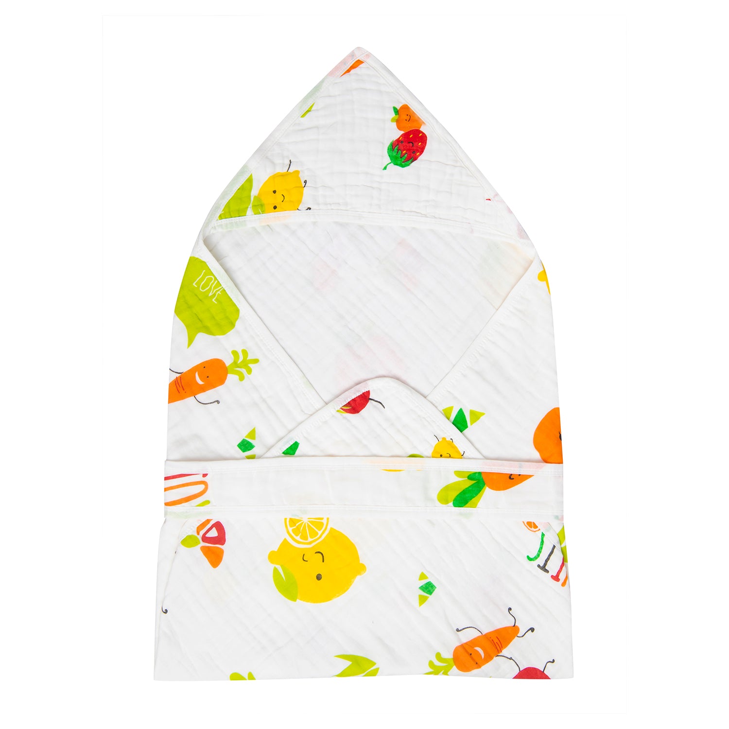 Hooded Wrapper 100% Muslin Cotton Fun With Fruits White - Baby Moo