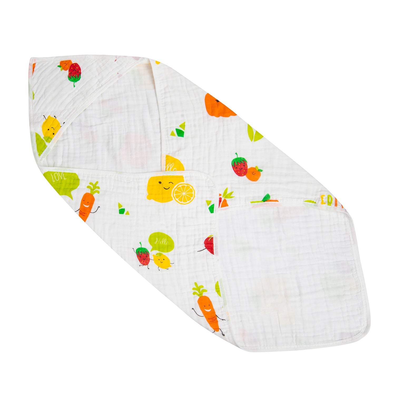 Hooded Wrapper 100% Muslin Cotton Fun With Fruits White - Baby Moo