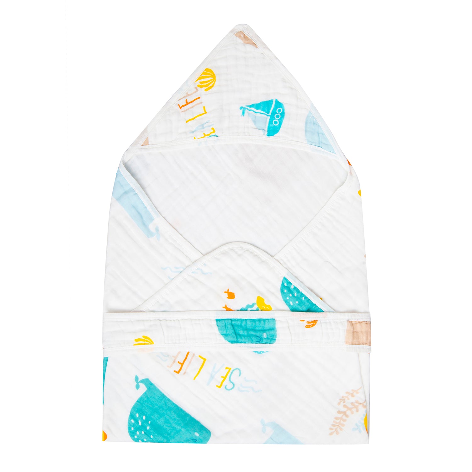 Hooded Wrapper 100% Muslin Cotton Sea Life White