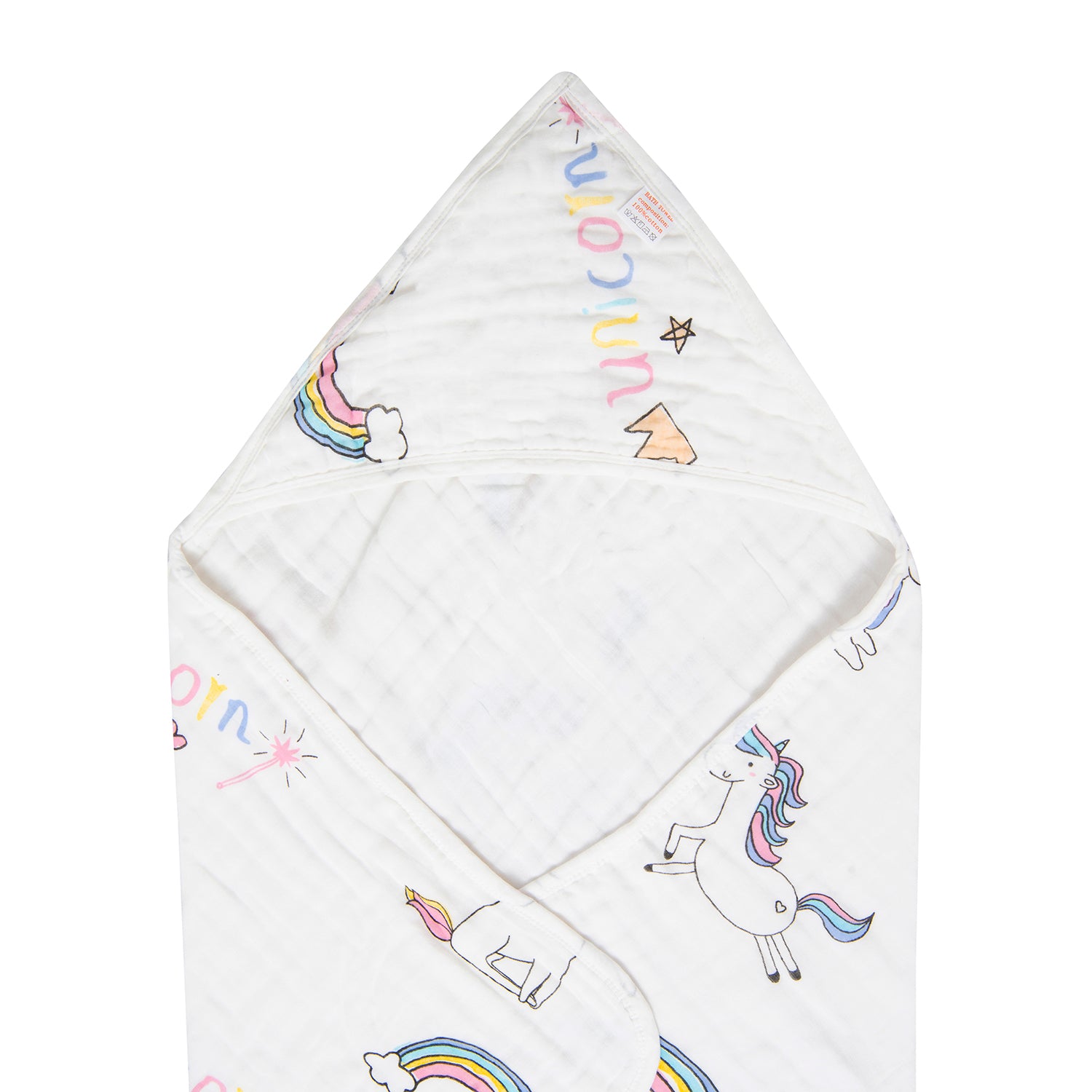 Hooded Wrapper 100% Muslin Cotton Unicorn And Rainbow White - Baby Moo