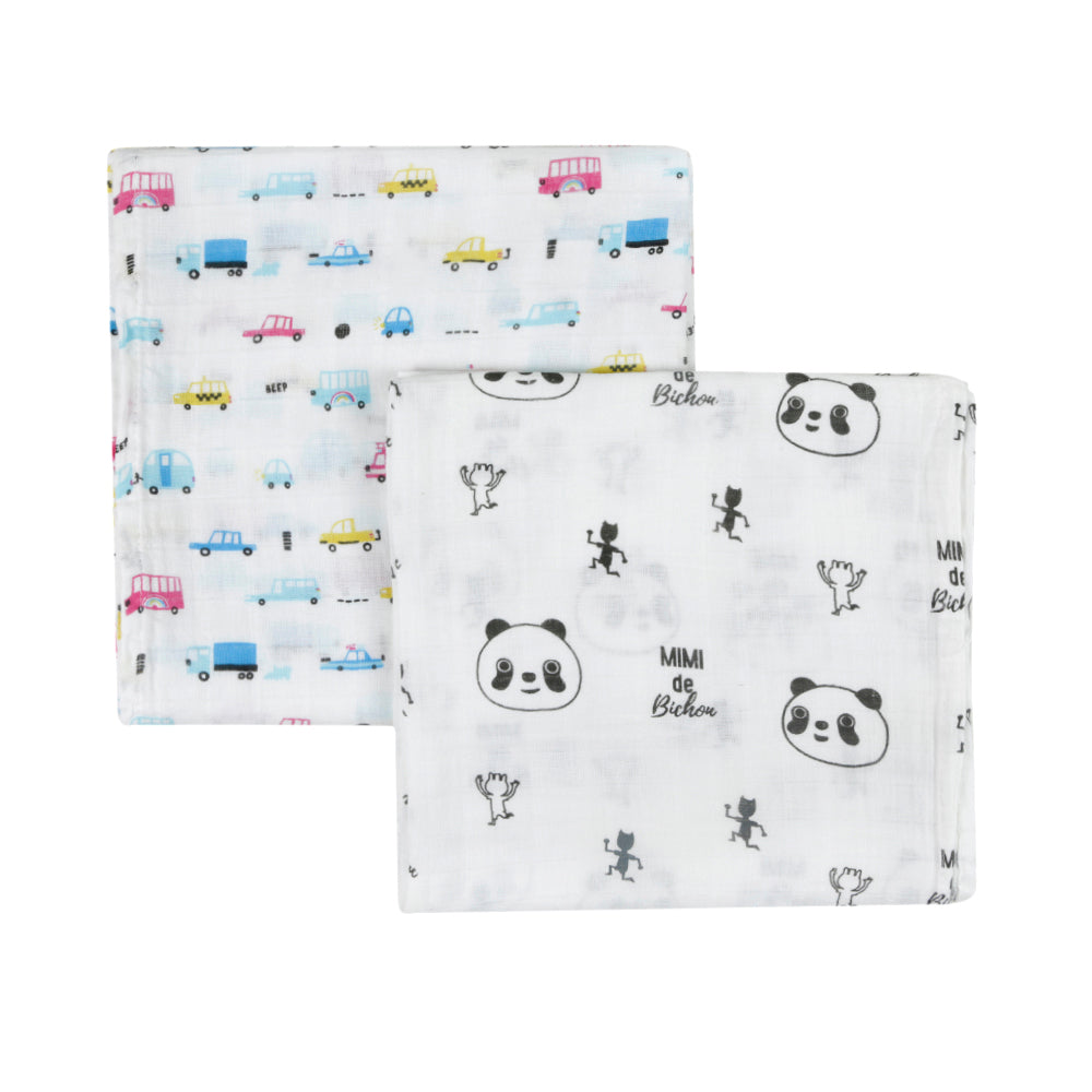 Pandas And Cars  Multicolour 2 Pk Muslin Swaddle - Baby Moo