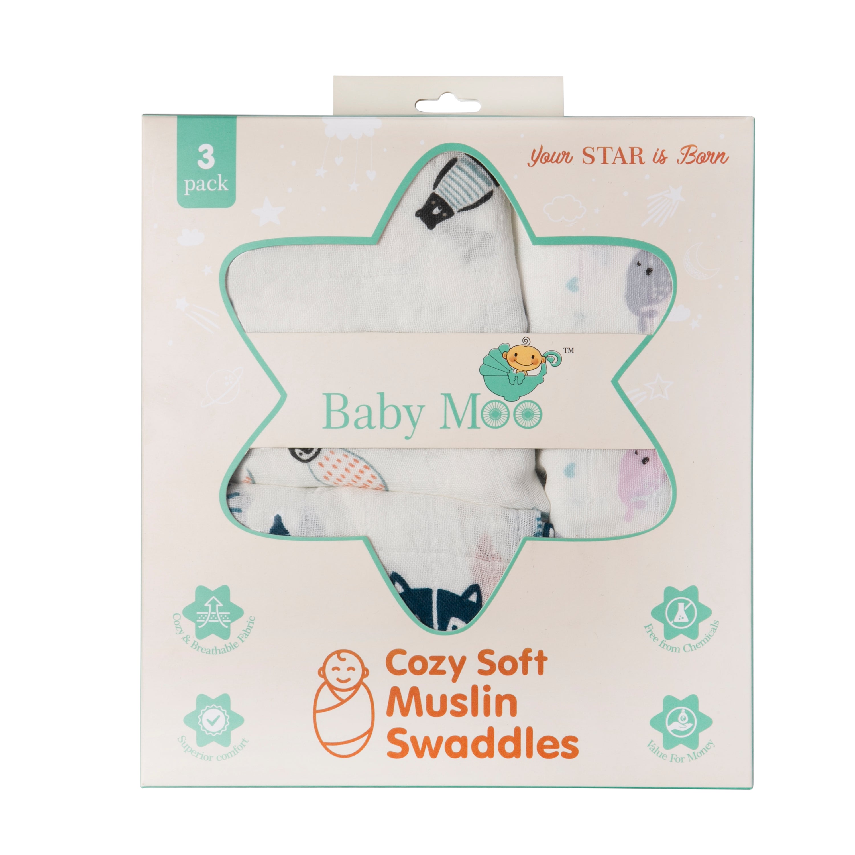 Nature Lover Multicolour 3 Pk Muslin Swaddle - Baby Moo