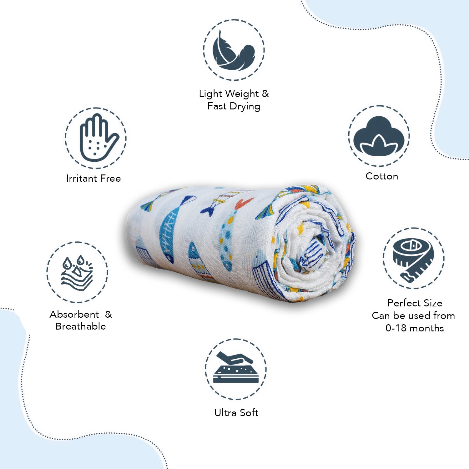 Baby Moo Fish Soft Wrapper Muslin Swaddle - White - Baby Moo